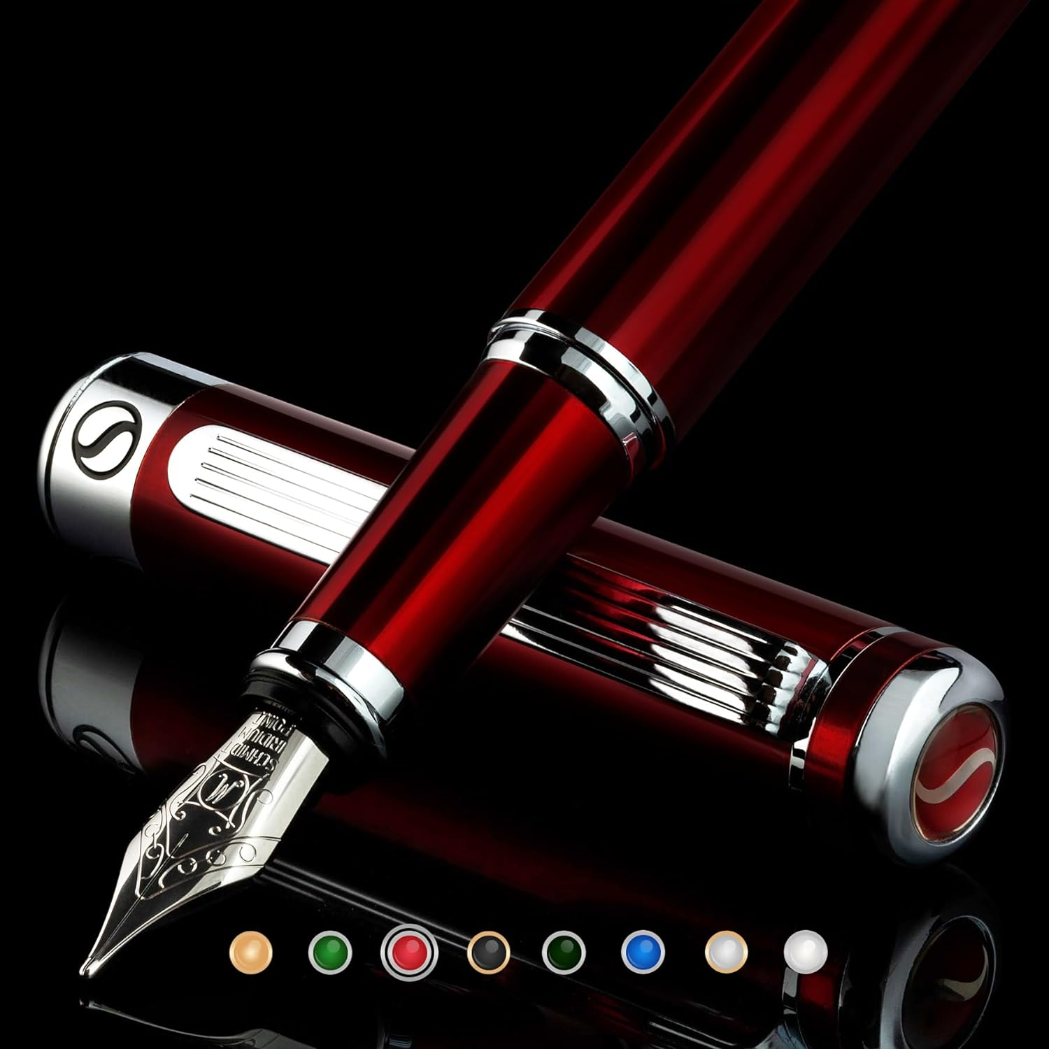 Deep Crimson Red Fountain Pen - Stunning Luxury Pen with Chrome Finish, Schmidt Nib (Medium), Best Pen Gift Set for Men & Women, Professional, Executive, Office, Nice Pens