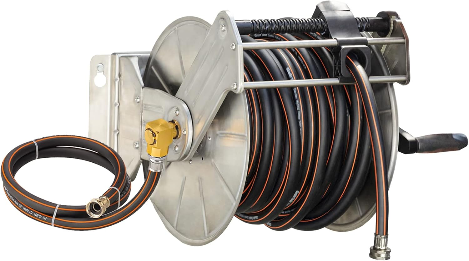 Giraffe Tools Stainless Steel Garden Hose Reel Heavy Duty, Wall/Floor Mounted Stainless Water Hose Reel Retractable with Crank, 150-Feet 5/8" Hose Capacity&100Ft Hose