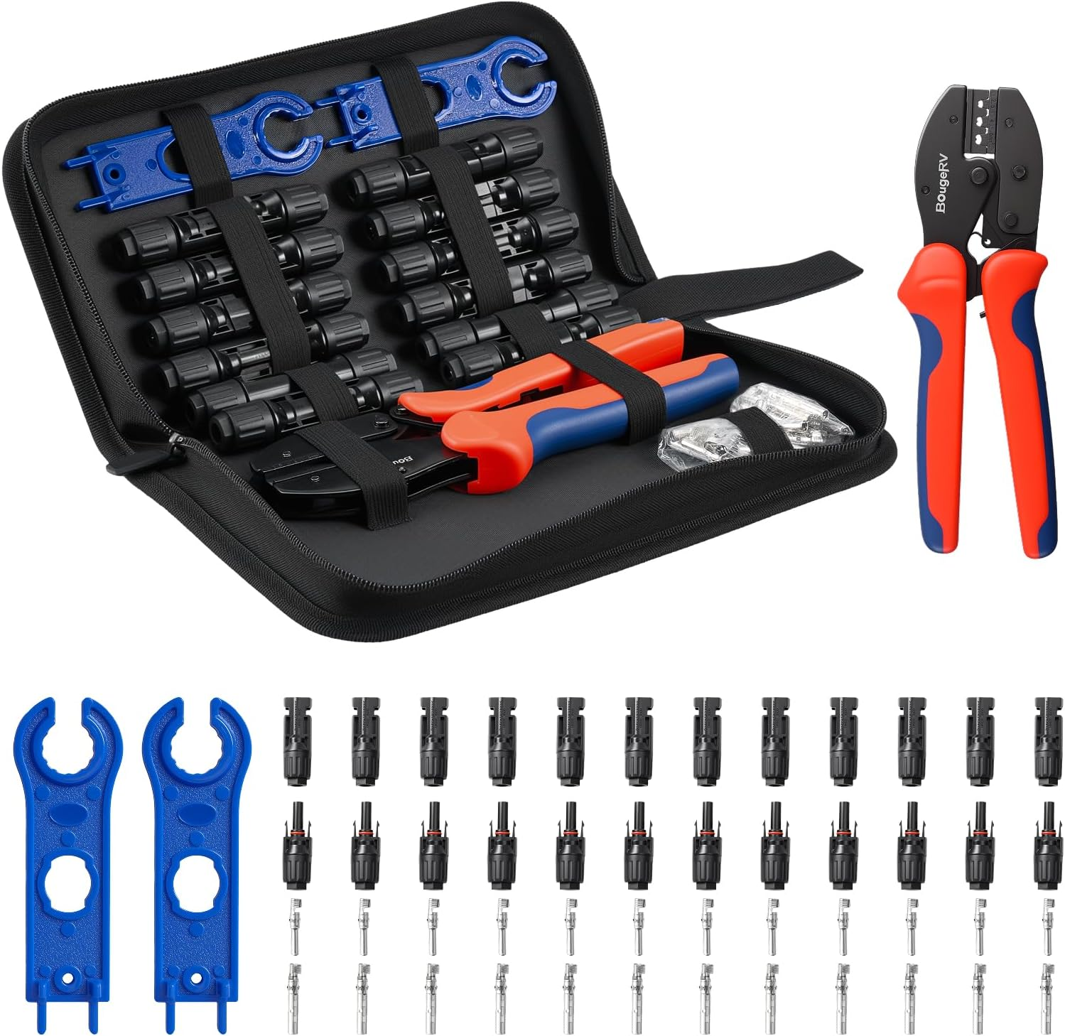 Solar Crimper Tool Kit - Crimper, 12 Pairs Connectors, 2 Spanner Wrench for 14-10 AWG Solar Panel Cable Wire Crimping PV Assembly and Installation