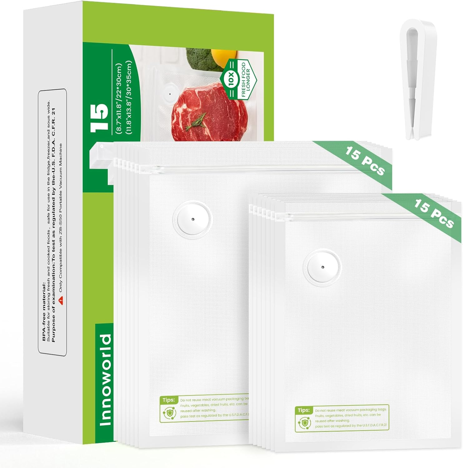 Reusable Vacuum Sealer Bags for Food, 30 Small (8.7 X 11.8 In, 11.8 X 13.8 In) Food Storage Bags, Freezer, Microwave, Odor-Resistant, Leak-Proof, Fit with Compact Vacuum Sealers