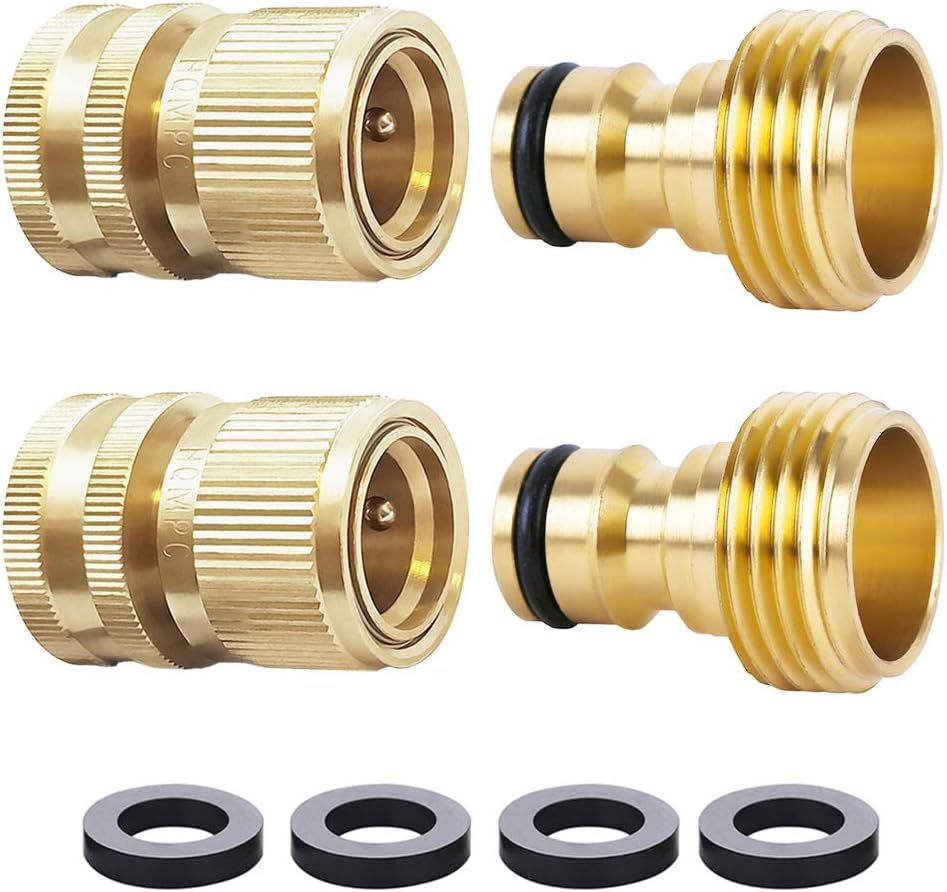 Garden Hose Quick Connect Solid Brass Quick Connector Garden Hoses Fittings Water Hose Connectors Garden Hose Disconnect 3/4 inch GHT (2Sets) (2Female+2Male)