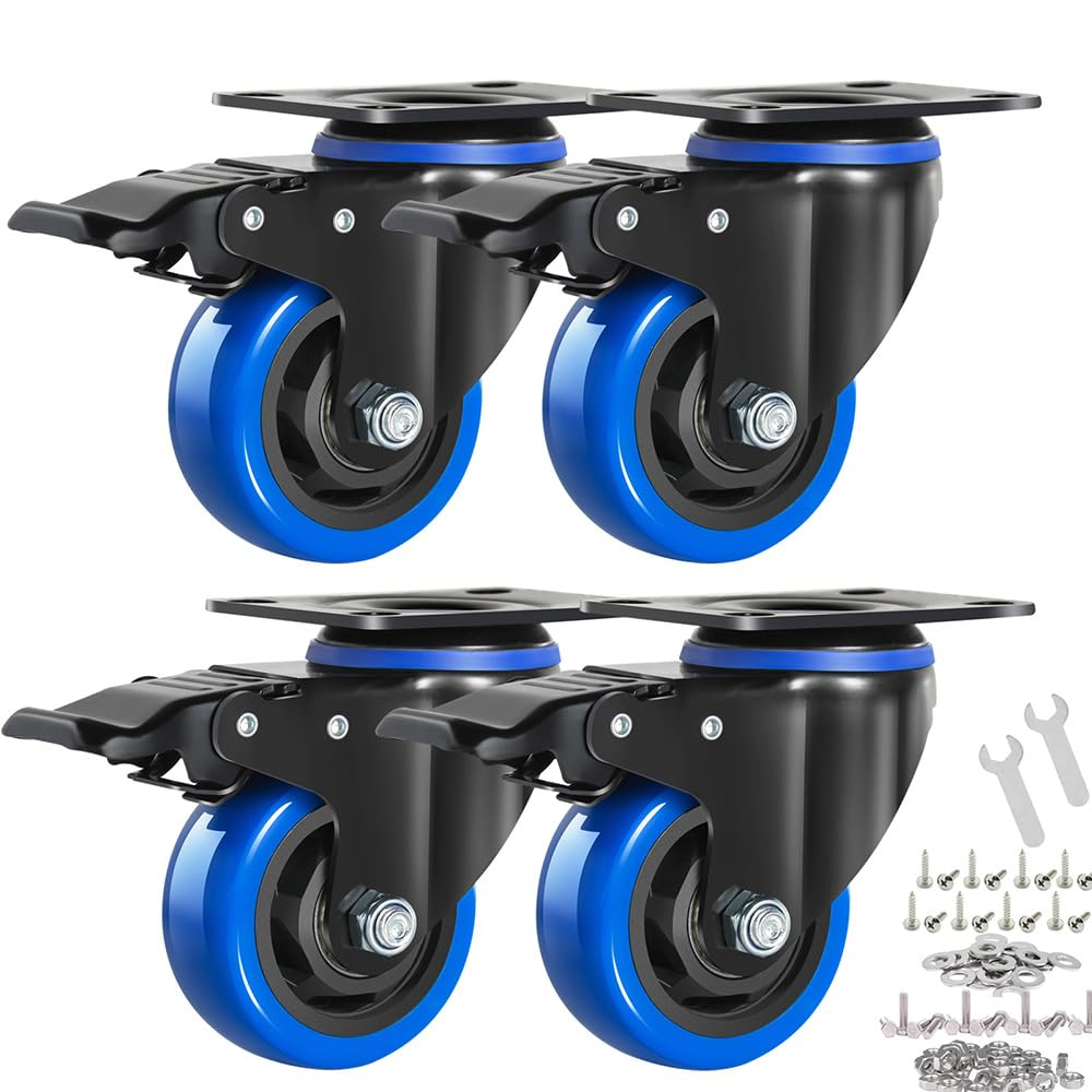 3 Inch Caster Wheels Set of 4, Heavy Duty Casters with Brake, Safety Dual Locking Casters, Polyurethane Foam No Noise Wheels, Plate Castors 4 Pack…
