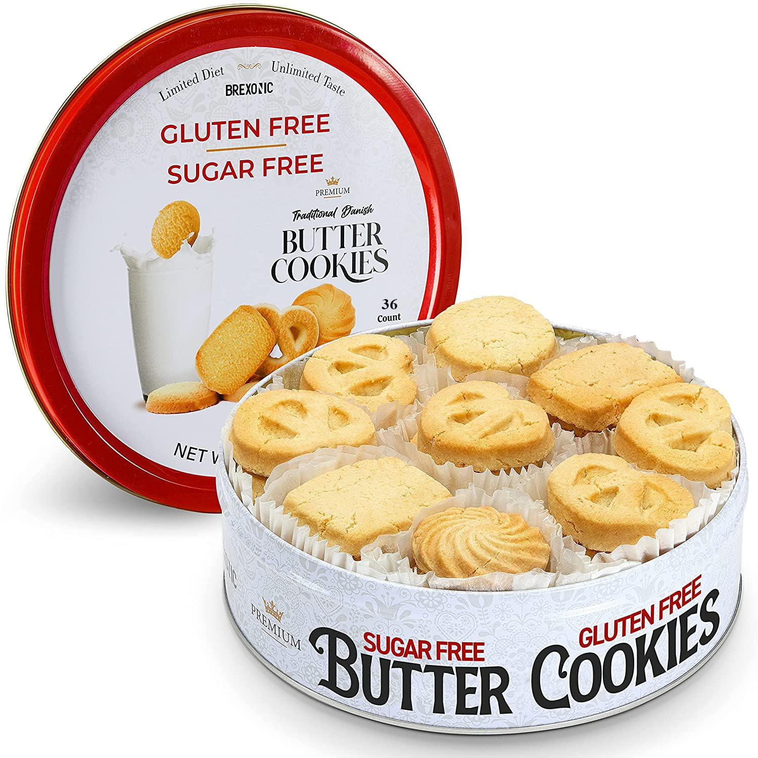 Gluten Free Sugar Free Butter Cookies 36 Count Traditional Danish Cookies, Premium Assorted Shortbread Cookies for Diabetics (1 Pk, 11 Ounce)