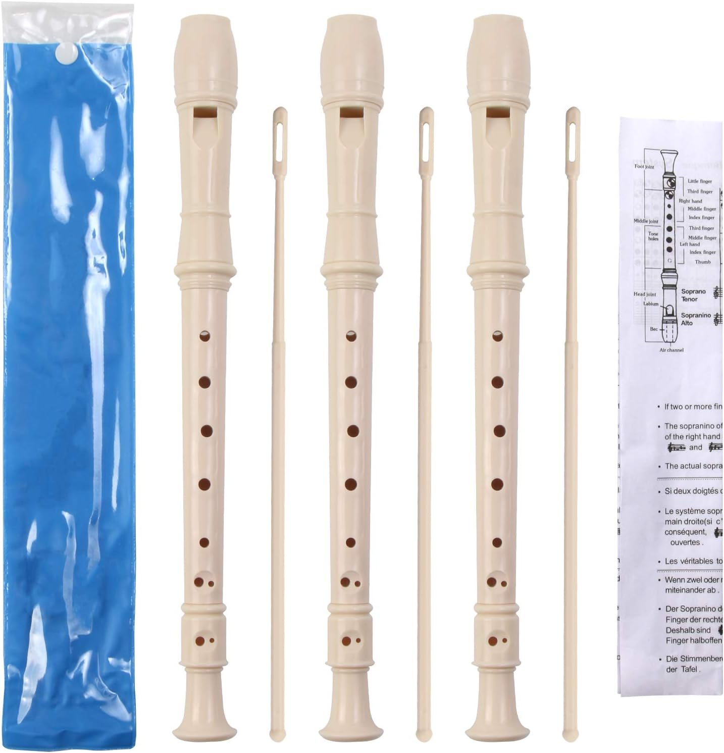 3 Pack 8 Hole Soprano Descant Recorder Instrument for Recorders with Cleaning Rod and Instruction German Style (Ivory White)
