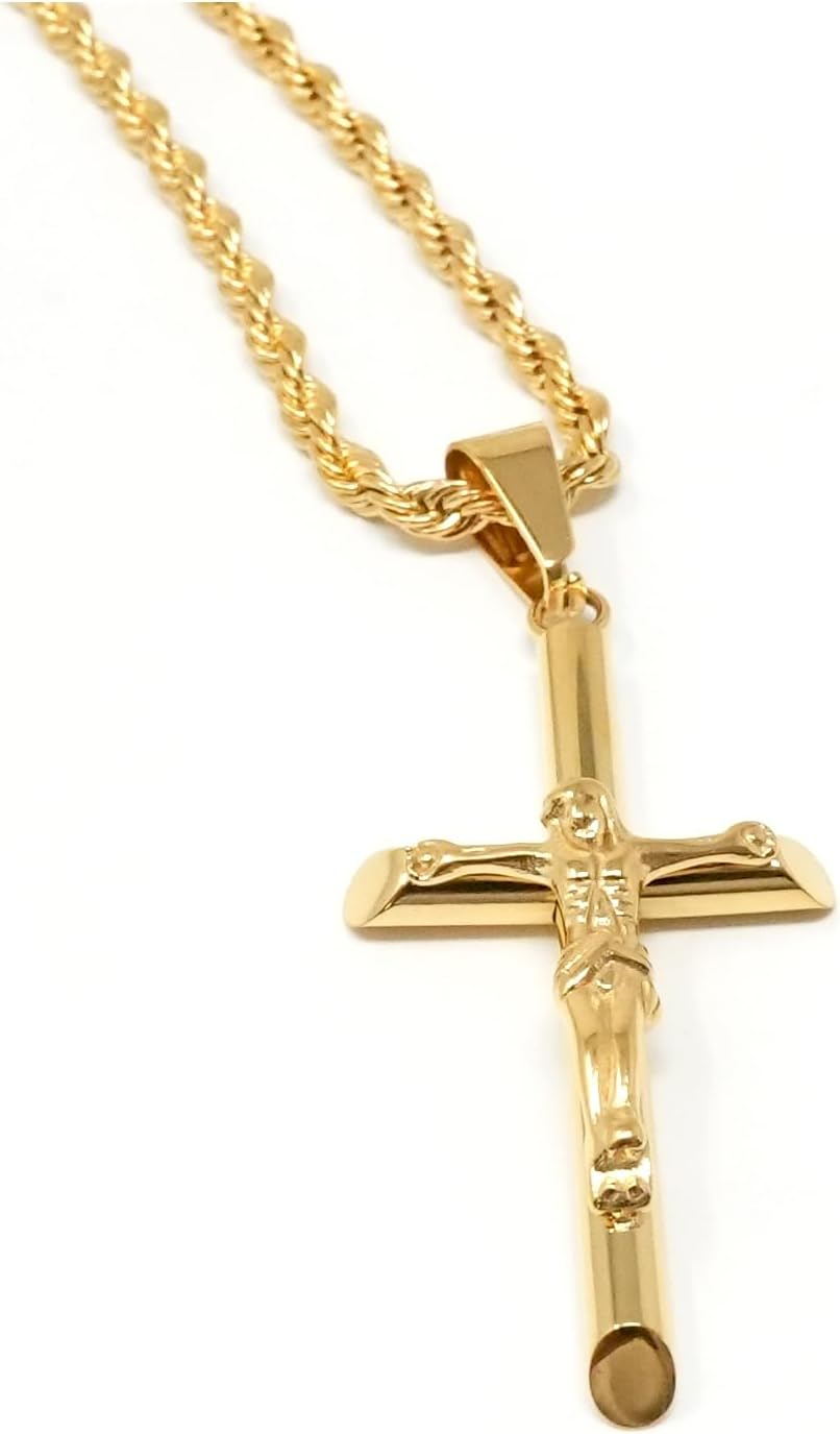 14K Gold Rope Chain Crucifix Style Cross Pendant Necklace for Men Husband 20