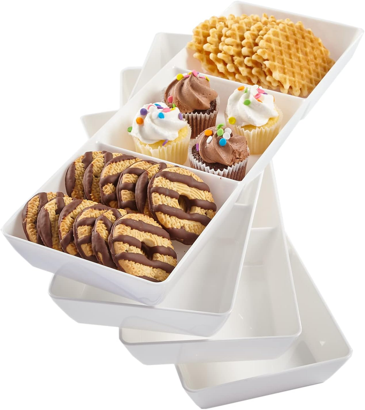 Avant White Plastic Divided Serving Trays (Set of 4) 15” X 5” | Narrow Reusable 3-Section Party Platters | Serve Appetizers, Fruit, Veggies, & Desserts | Bpa-Free & Made in USA