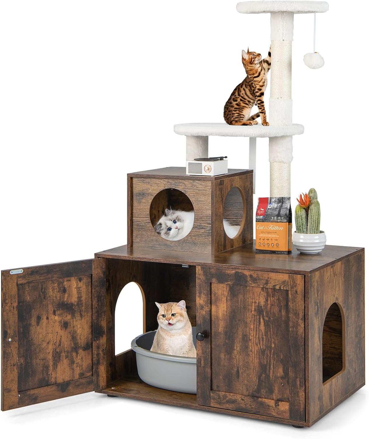 Costway Cat Tree with Litter Box Enclosure, 2-in-1 Modern Cat Tower with Cat ... - Picture 2 of 14