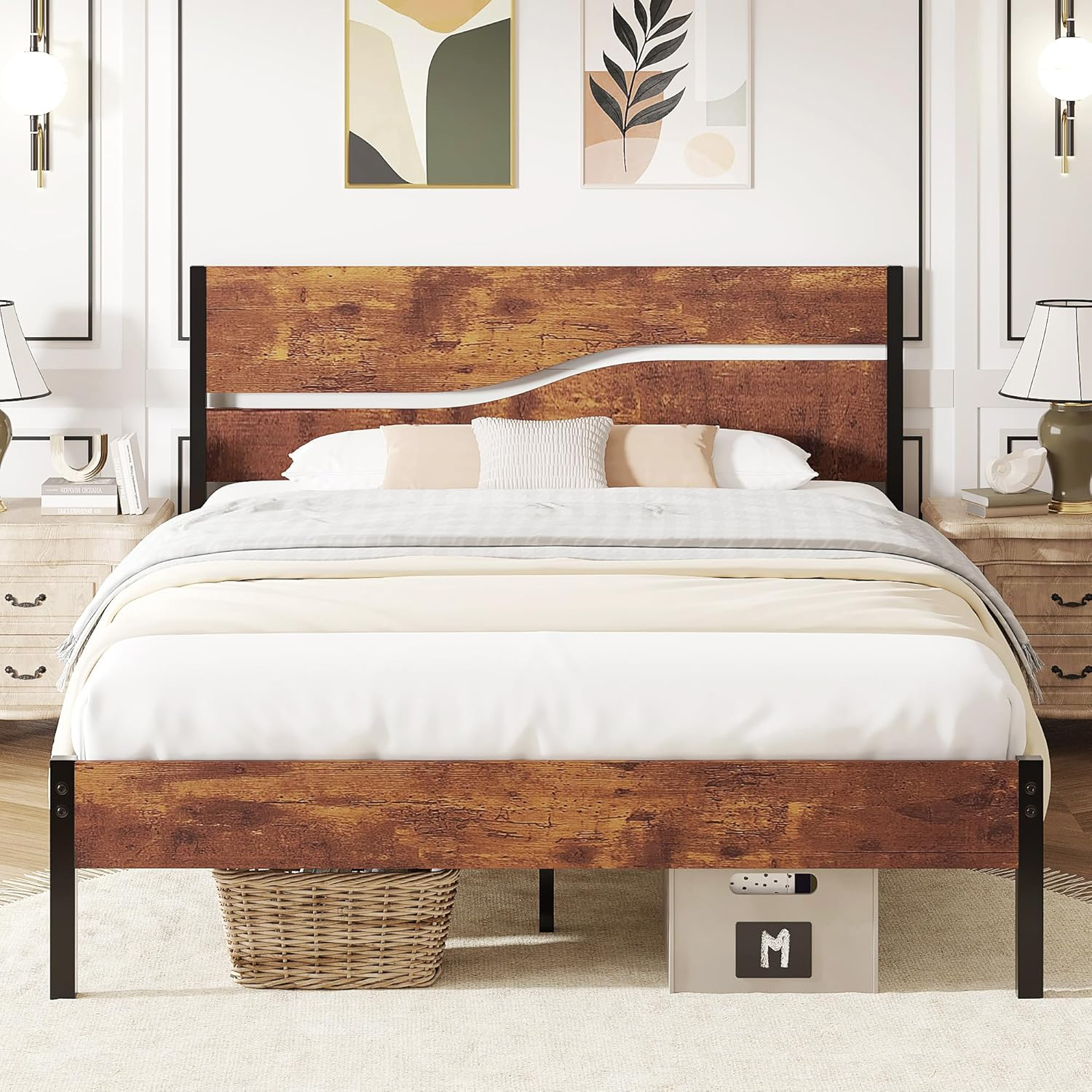 Full Size Bed Frame with Headboard Wood, Solid and Strong Metal Platform Support, No Box Spring Needed