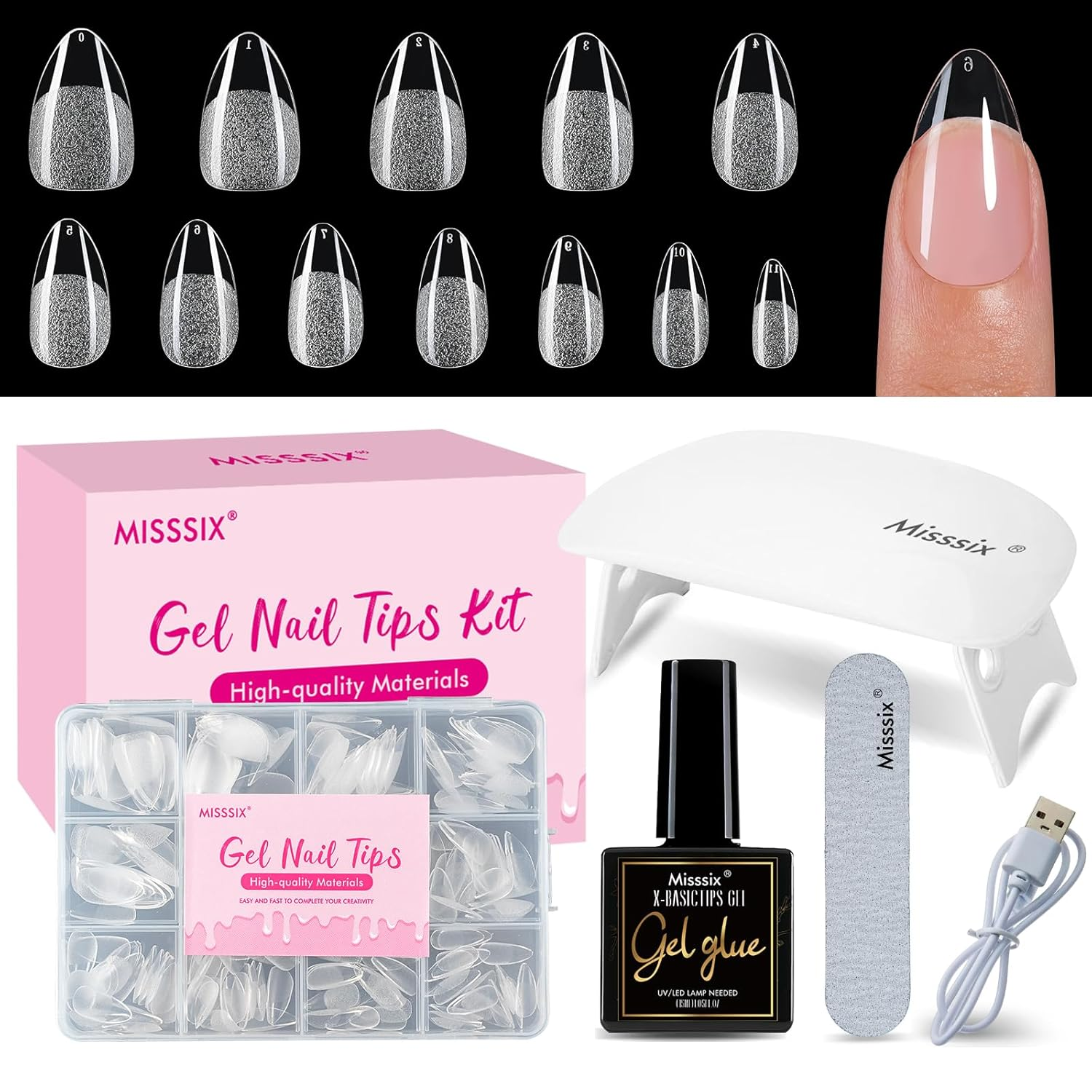 Short Almond Gel Nail Tips Kit, 216Pcs Pre Etched Clear Fake Nails, Full Cover False Nail 9-In-1 Gel Glue and Portable Mini U V Nail Lamp for Women 12 Sizes
