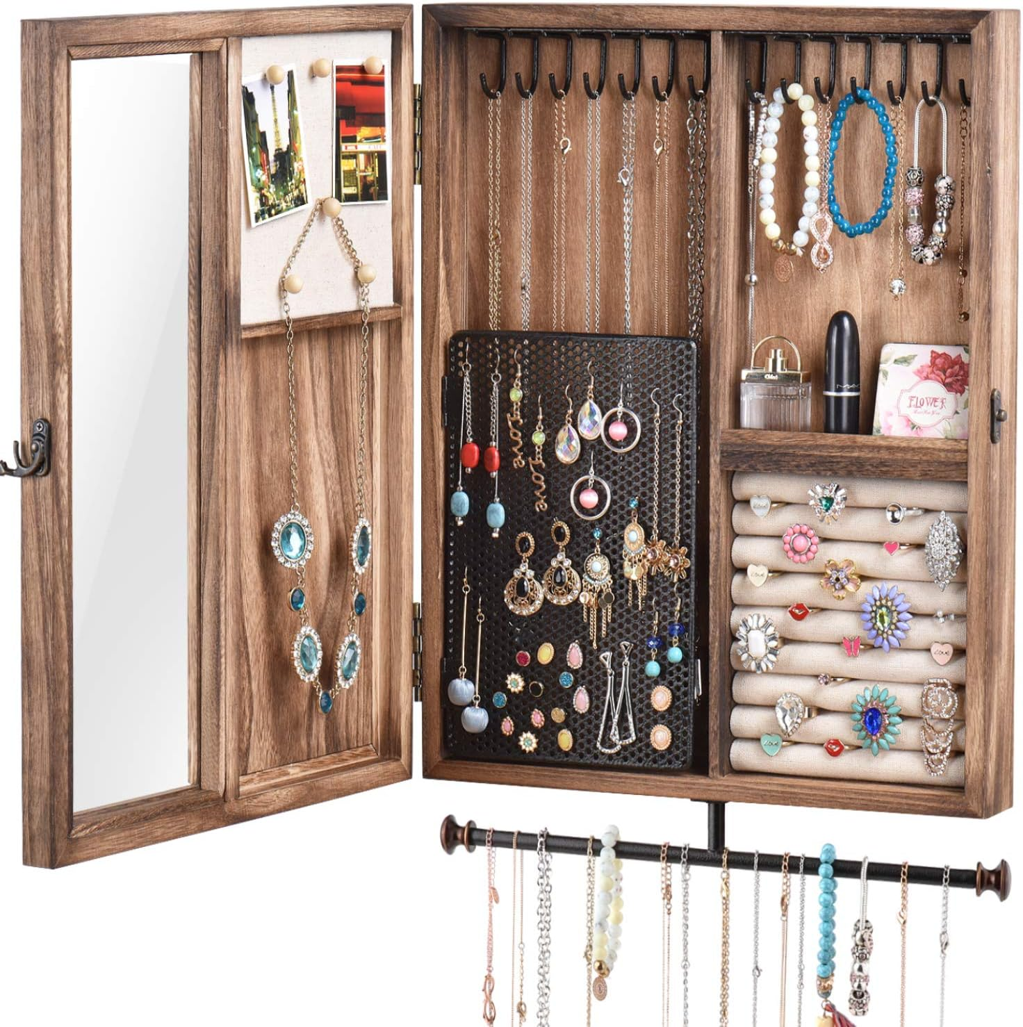 Wall Mounted Jewelry Organizer Box Rustic Wood Large Space Jewelry Cabinet Holder Jewelry Storage Box for Necklaces, Earrings, Bracelets, Ring Holder, and Accessories (Carbonized Black)