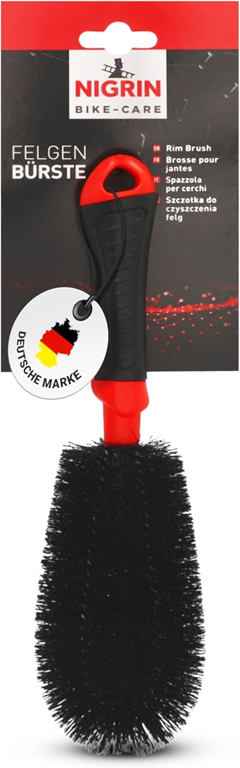 Bike Care Felgen Reinigungsbürste, Hochwertige Felgen/Allround Bürste, Ideal Für Felgen, Speichen, Laufräder Und Naben, Schlag- Und Rutschfester Griff Schwarz, Rot 1 Stück