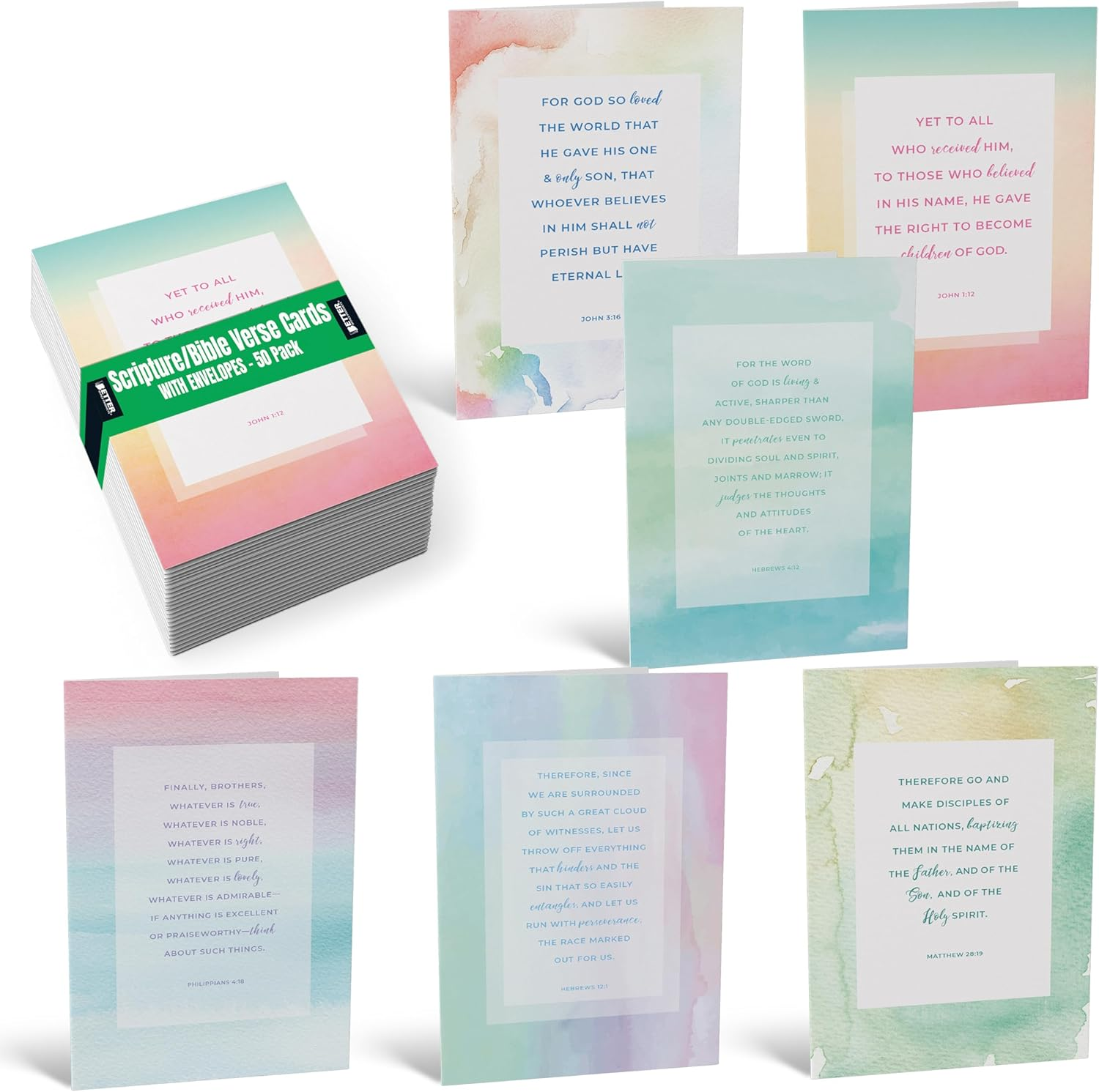 Better Office Products 50 Pack Inspirational Christian Greeting Cards with Envelopes, 6 Bible Verses, 6 Designs, 4 X 6 Inch, Encouragement Cards, Scripture Notecards for All Occasions (Watercolor)