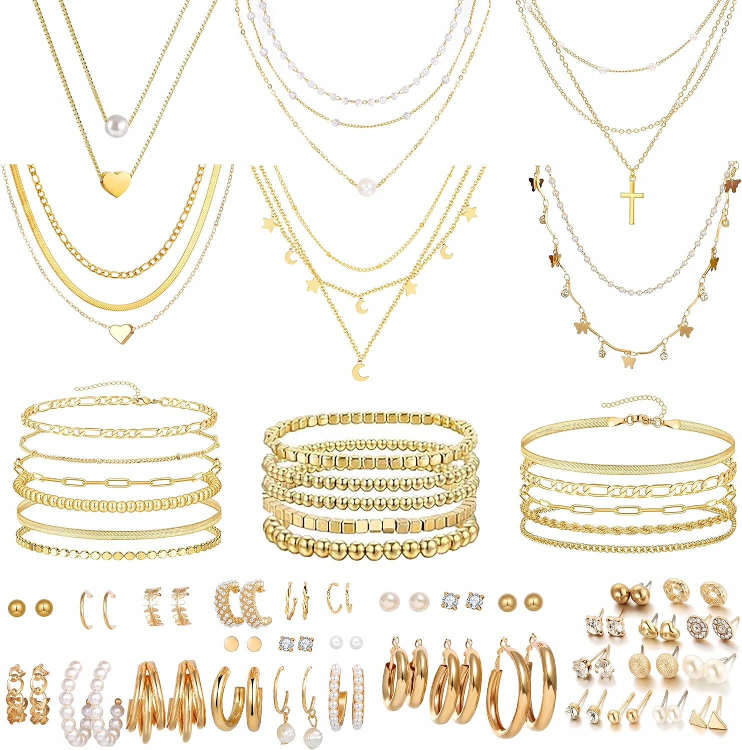 55Pcs Gold Plated Jewelry Set for Women - Necklace, Bracelet, Earrings - Fashion Elegant Party Gift