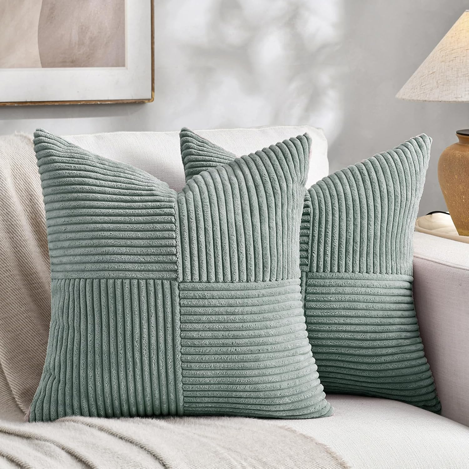 2 Packs Grey Blue Decorative Throw Pillow Covers 18x18 Inch for Couch Bed Sofa, Rustic Boho Farmhouse Home Decor, Soft Corss Corduroy Patchwork Textured Square Cushion Case 45x45 cm