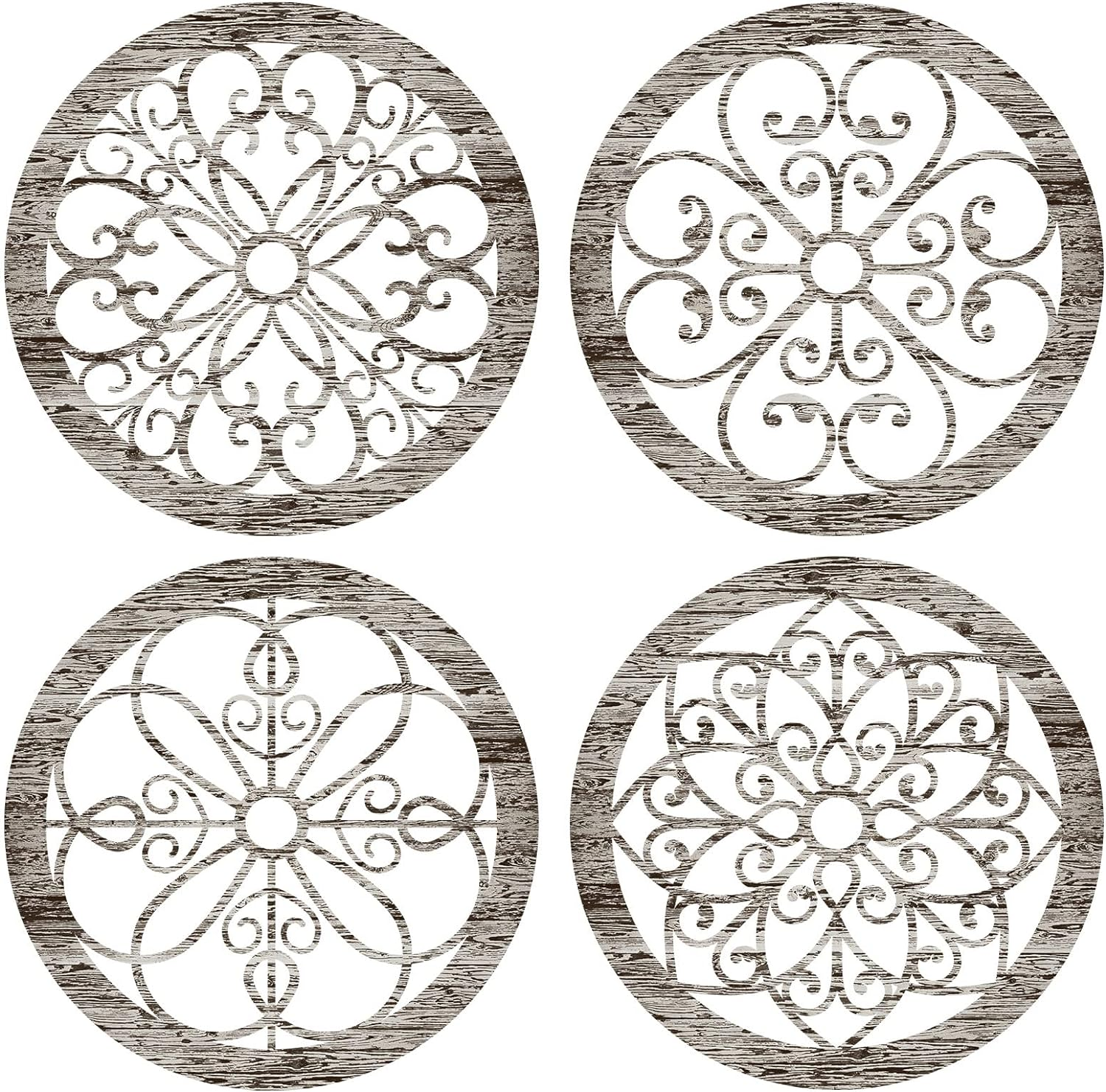 4 Pcs Thicken Rustic Wall Decor Farmhouse Kitchen Wall round Art Wooden Hollow Carved Design Rustic Art for Living Room Bedroom Hallway Decor(9.8 X 9.8 Inch,Grey Wood Tone)