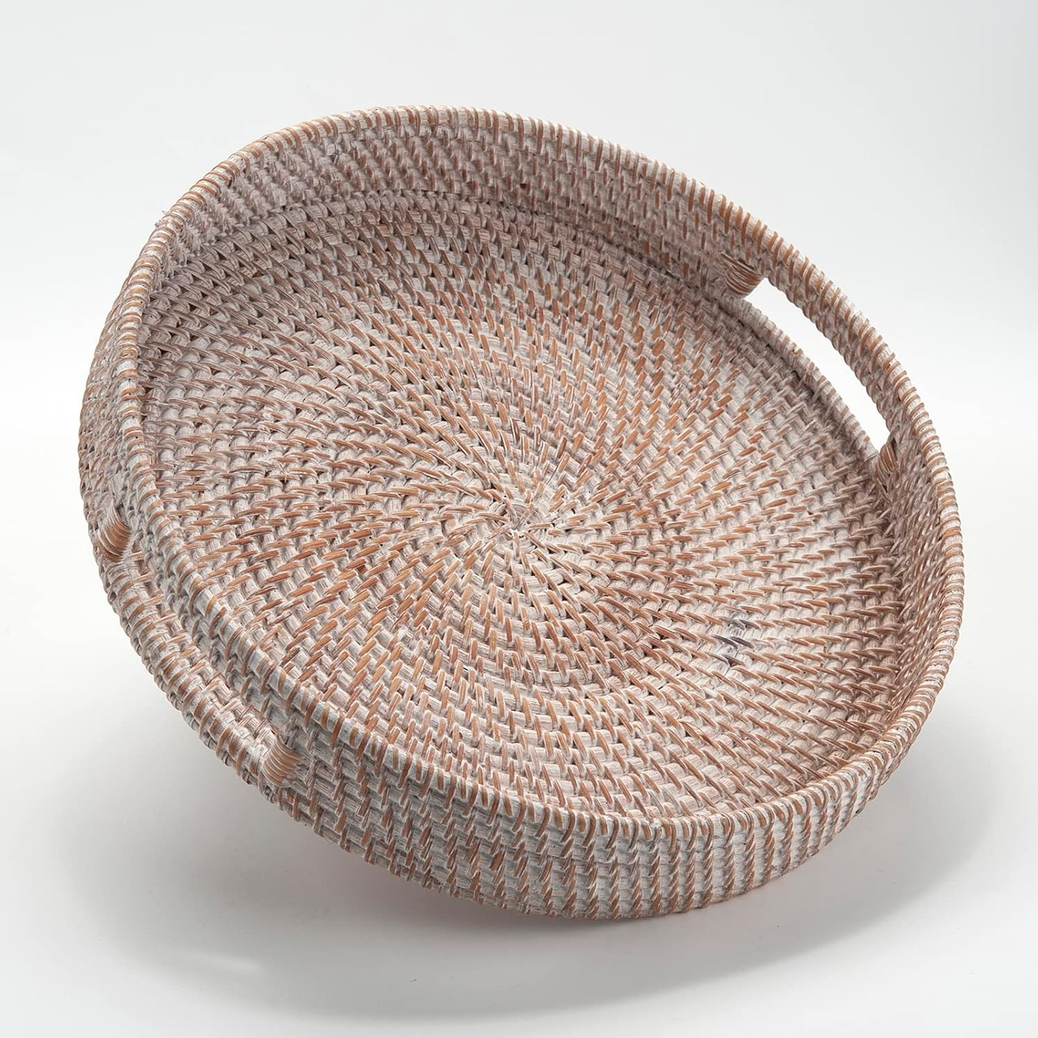 Coffee Table Tray round Rattan Ottoman Tray Woven Serving Trays with Handles for Home and Kitchen Decorative White (Large 14 Inch X 2.8 Inch)