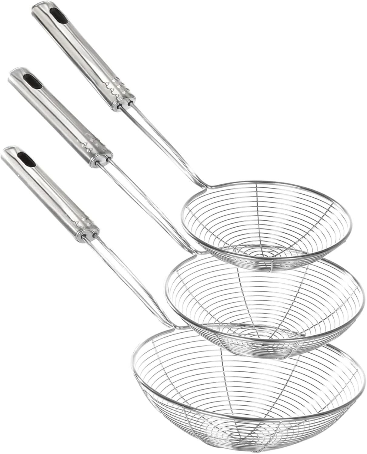 Enhanced Version Stainless Steel Spider Strainer Skimmer Ladle, Set of 3 Sizes Kitchen Strainer Spoon for Cooking and Frying, Pasta Strainer, Food Preparation-32.5Cm, 36Cm, 38Cm