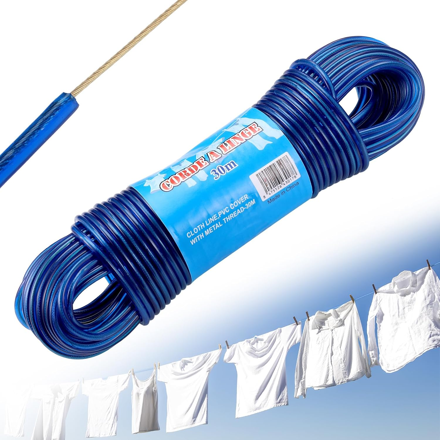 30M Washing Line Rope, Heavy Duty Clothes Line Steel Core, Blue | Strong String 4Mm Dia Clotheslines, Long Clothes Lines for outside Garden, Rustproof and Waterproof Heavy Duty Washing Line