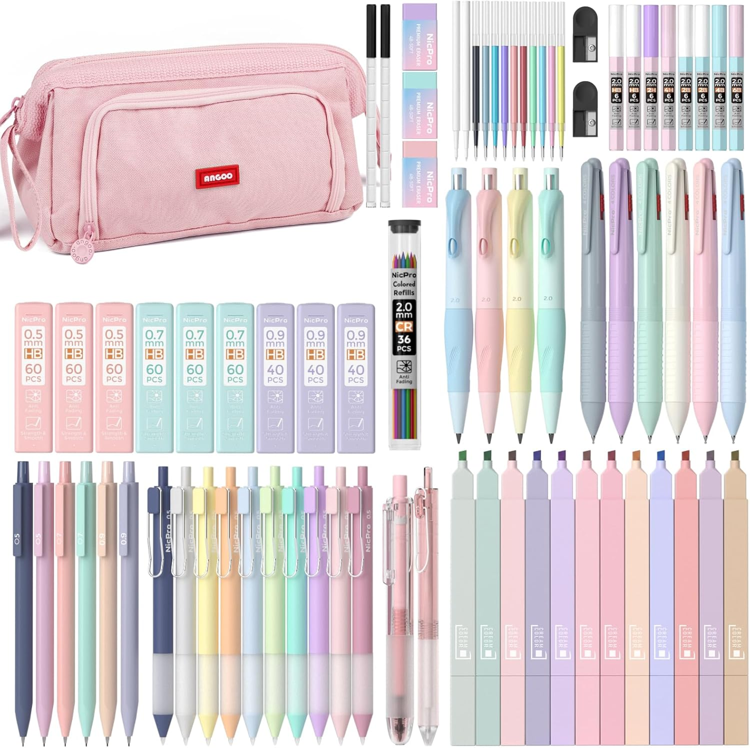 78 PCS Aesthetic School Supplies with Cute Pen Case, 12 Pastel Highlighters, 12 Color & Black Ink Gel Pens, 10 Mechanical Pencils 0.5, 0.7, 0.9, 2.0 Mm, 6 Ballpoint Pen for Student Stationary