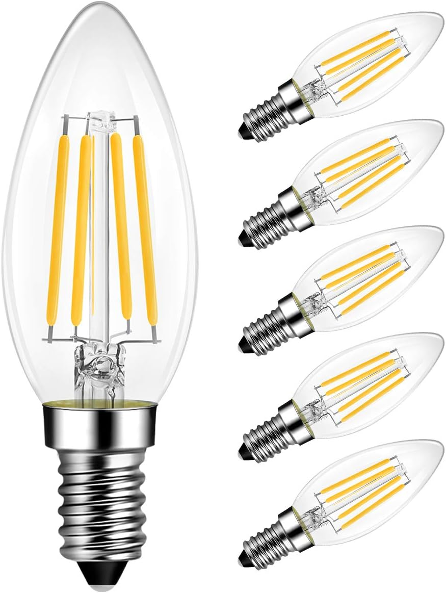 B11 LED Edison Filament Bulb Dimmable 60W Equivalent, E12 Candelabra Base 2700K Warm White Candle Light Bulb, Ul-Listed (6 Pack)