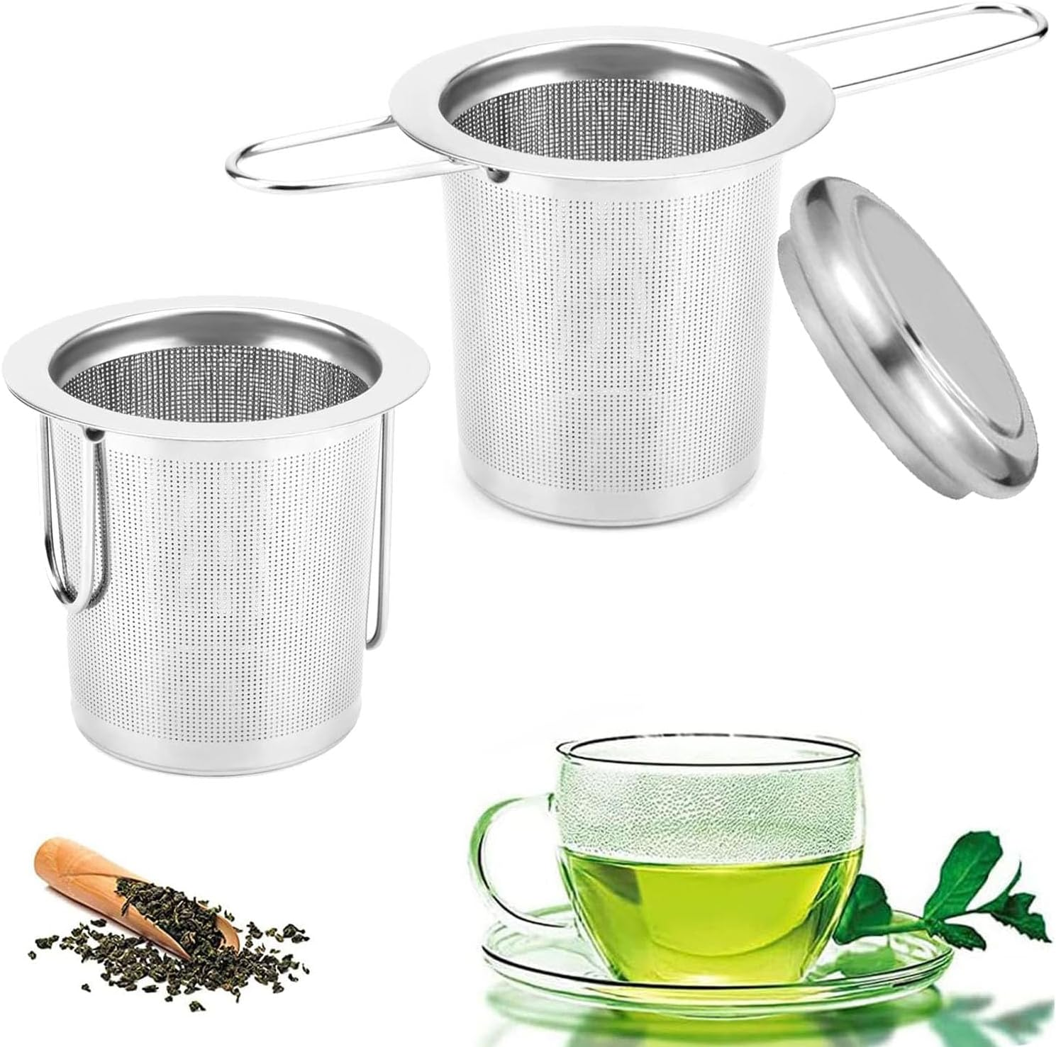 Tea Filter Strainer Extra Fine Mesh Tea Strainer Stainless Steel Tea Infuser Steeper with Lid and Foldable Handle Loose Tea Leaf Steeper, for Tea Cups, Teapots, Mugs (Style B)