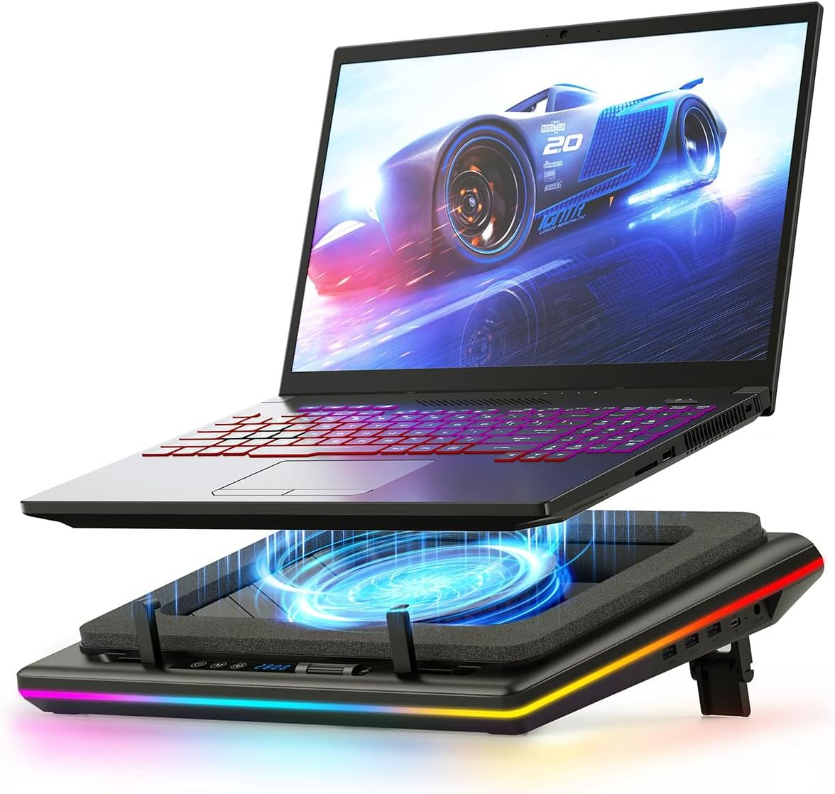 V12 Gaming Laptop Cooling Pad, RGB Laptop Cooler, Laptop Cooling Fan Stand with 5.5 Inch Powerful Turbofan, for 15.6-19In Laptop, Adjustable Speed, Dustproof, 3-Port USB Hub, Black (RGB)