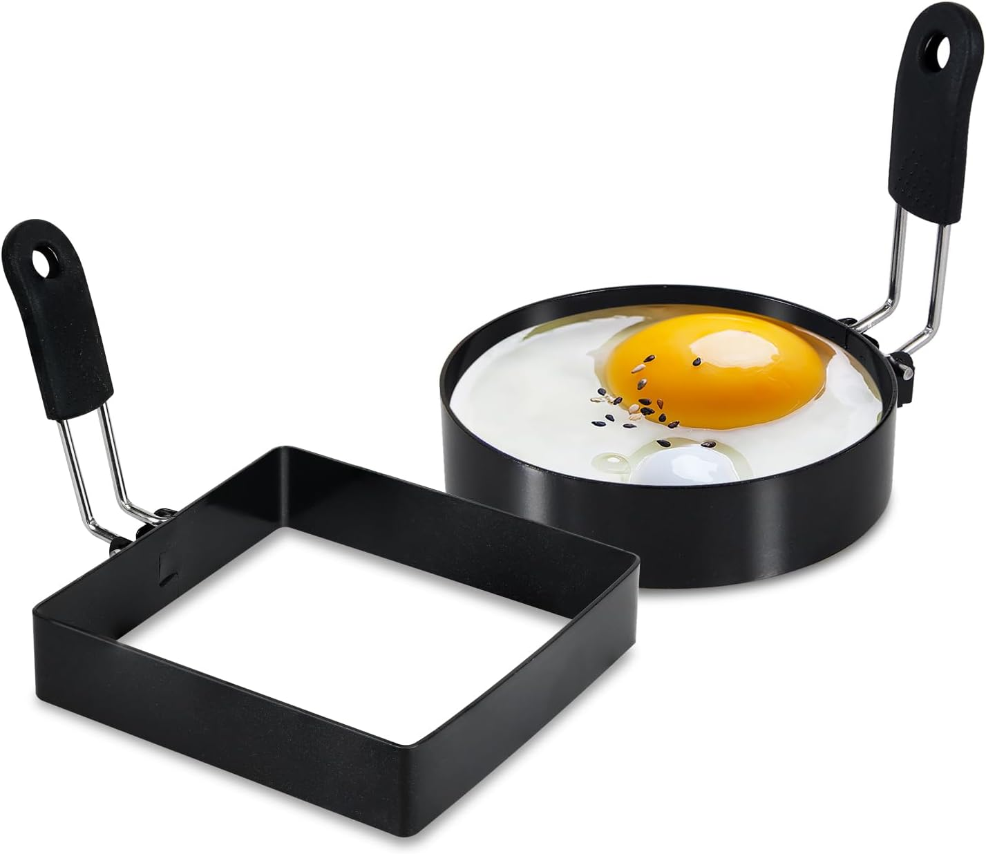 4'' Round+Square Egg Rings Set with Silicone Handle, Stainless Steel Egg Cooking Rings，Nonstick，For Frying Eggs and Egg Mcmuffins, Egg Mold for Breakfast