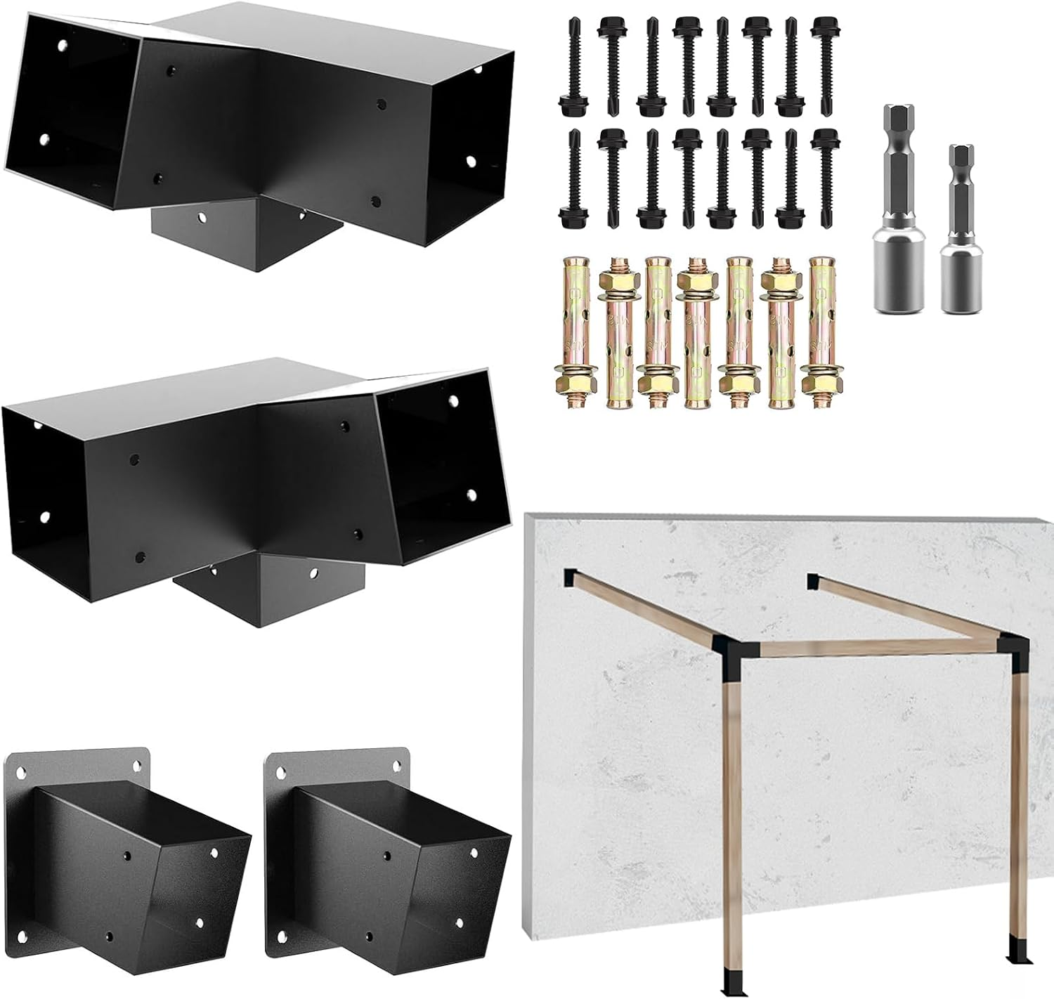 30° Slanted Roof Pergola Brackets Kit,3-Way Right Angled Corner Bracket with Wall Mount Post Base for 4X4 (Actual:3.5"X3.5") Lumber for Outdoor Pergolas,Gazebos,Porchs(4 Pack)…