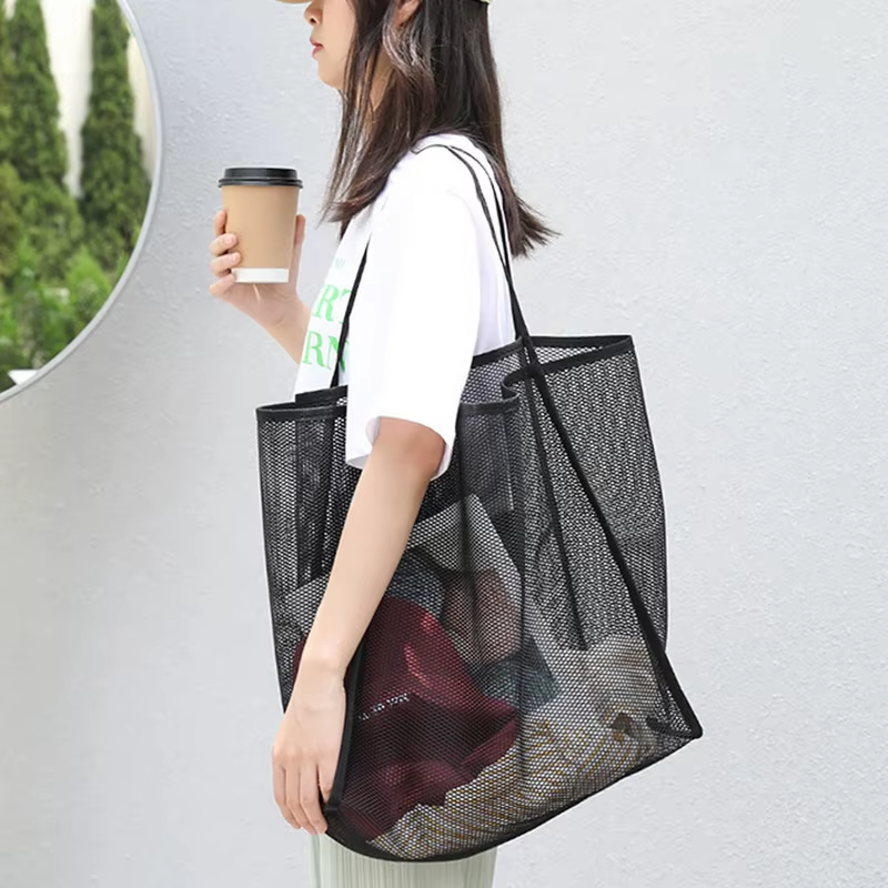 Literary Mesh Hollow Out Tote Bag for Women Summer Beach Bag Handbag Large Capacity Shoulder Bag Student Bookbags Sac