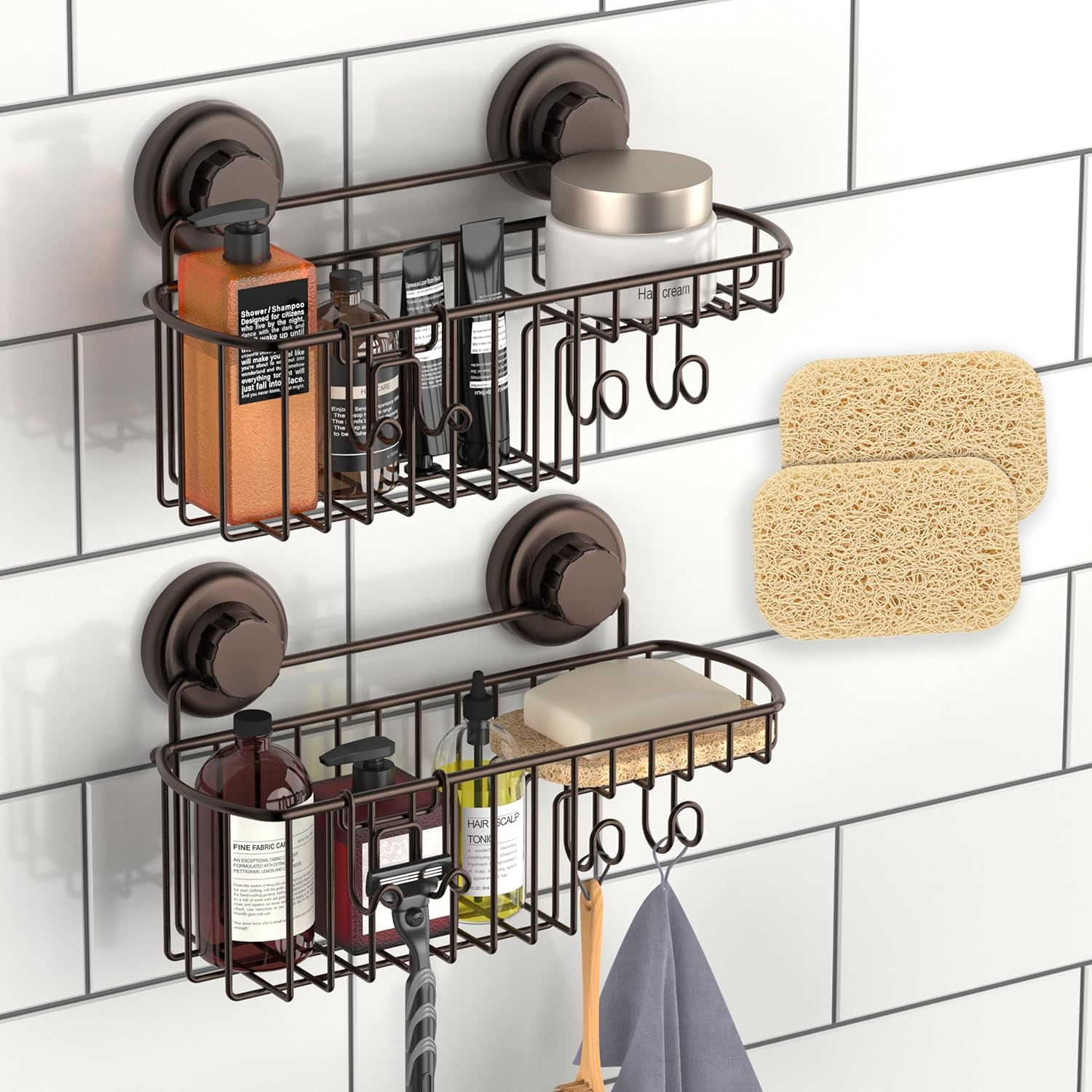 HASKO 2 Pack Shower Caddy Suction Cup With Hooks & Soap Holder Includes 2 Soap
