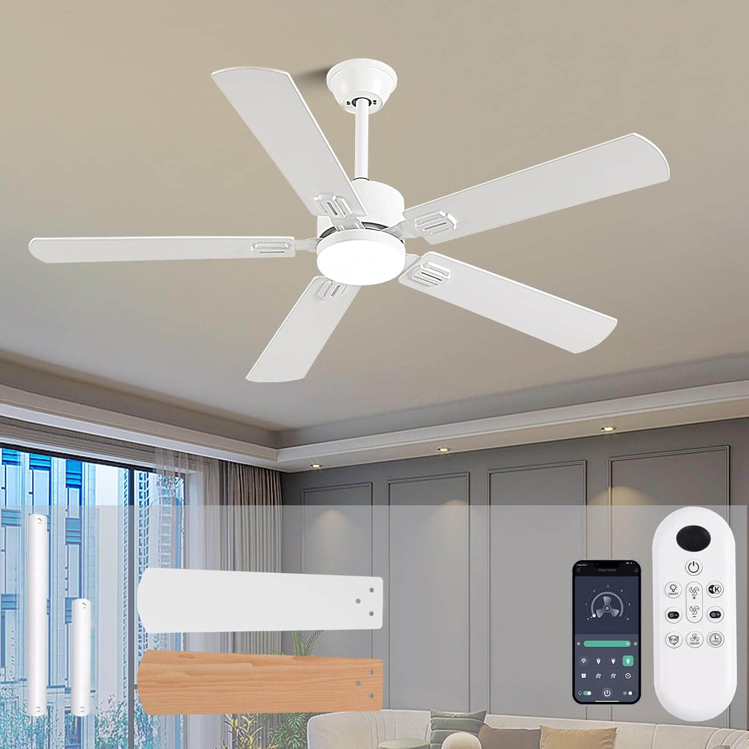 52 Inch Modern White Ceiling Fans with Lights App/Remote Control, Low Profile R