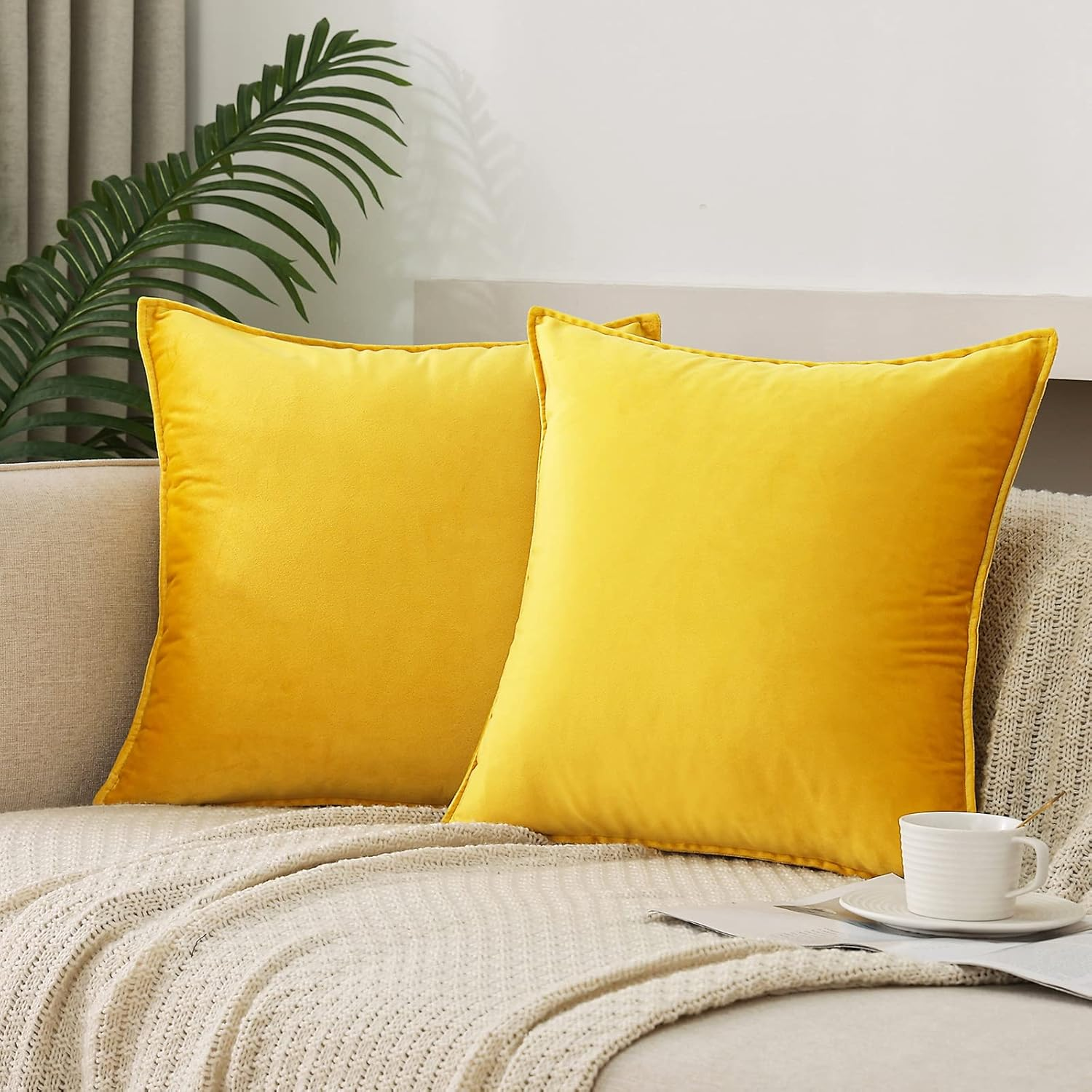 Velvet Bright Yellow Throw Pillow Covers Pack of 2 Spring Decorative Soft Couch