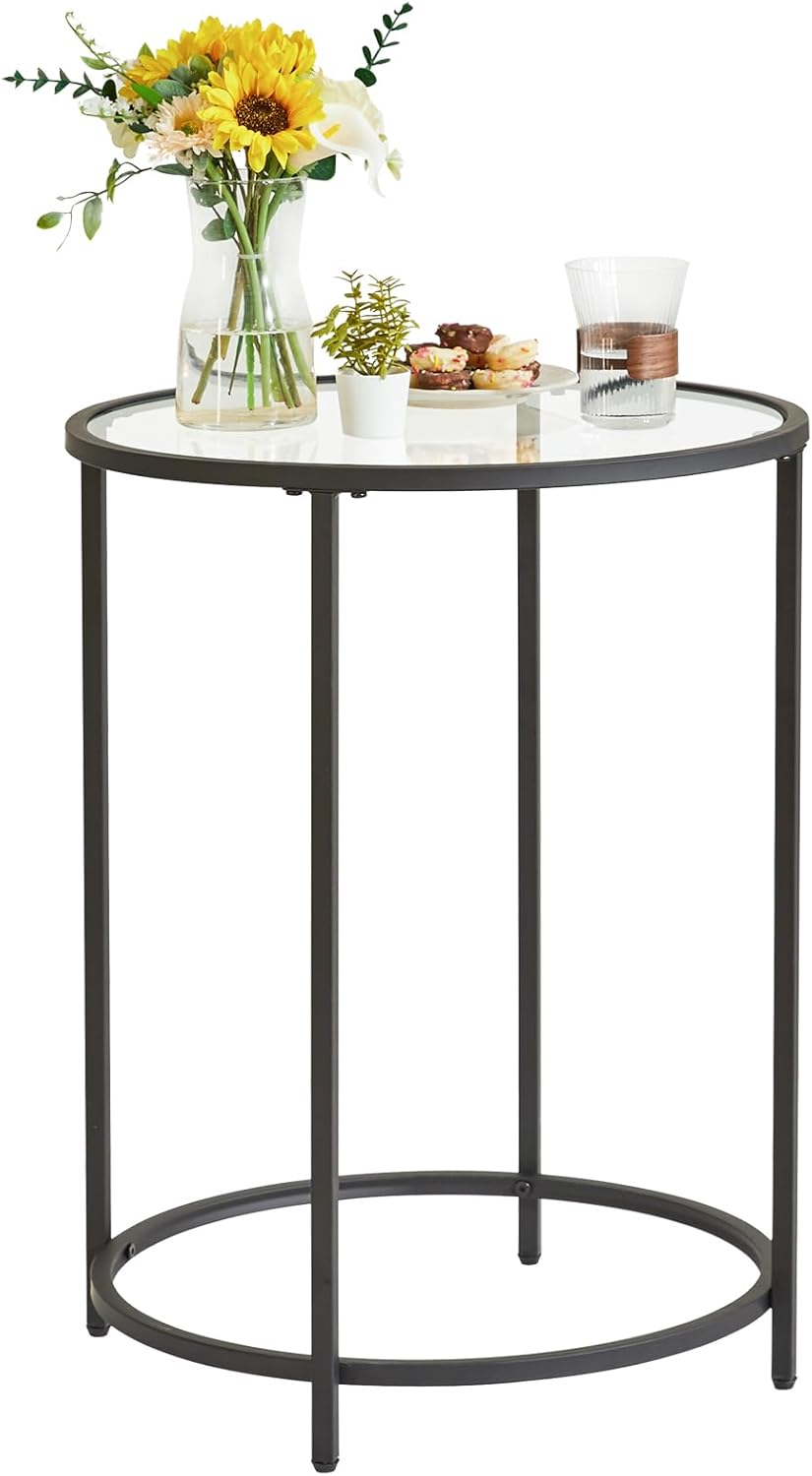round End Table, Tempered Glass Sofa Side Table, Coffee Table for Office Bedroom Living Room, Metal Frame, Modern Decor, 19.7D*18.5D*25.6''H, Black UHGD020B