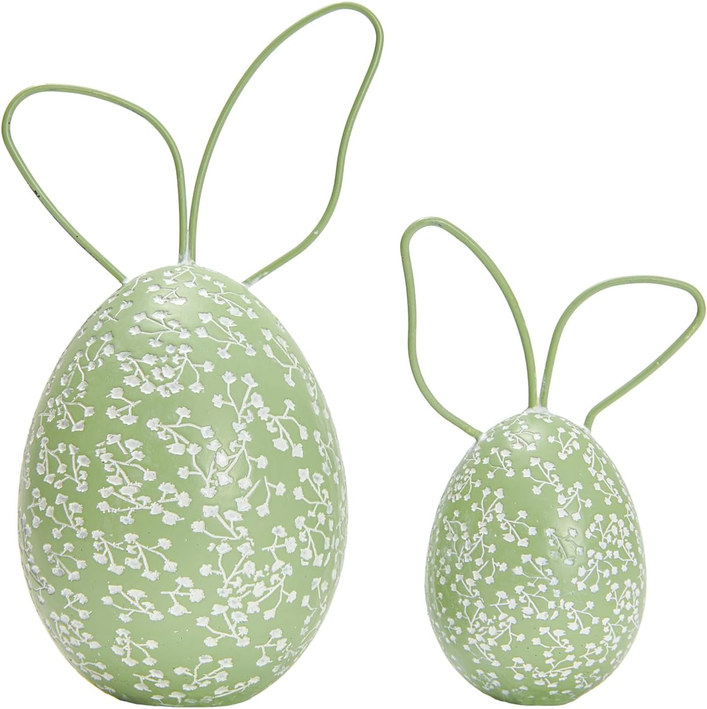 Easter Decorations Egg Figurines with Bunny Ears, 2-Piece Green Resin Egg Decor with Embossed Flowers, Farmhouse Spring Decor & Easter Tabletop Sculptures Ornament for Shelf