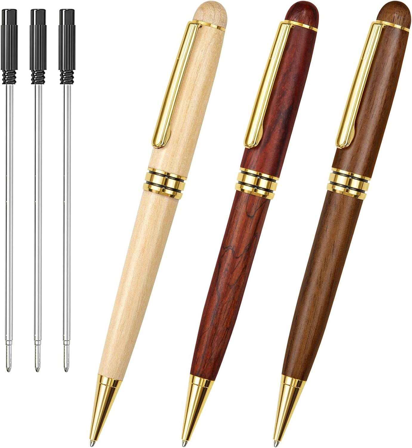 Ballpoint Pens Wood Pen - Fancy Pens with Gift Box Christmas Gift Nice Pens Set for Men Women Employee Journaling Executive Black Ink 1.0mm, 3 Pens with 3 Extra Refills