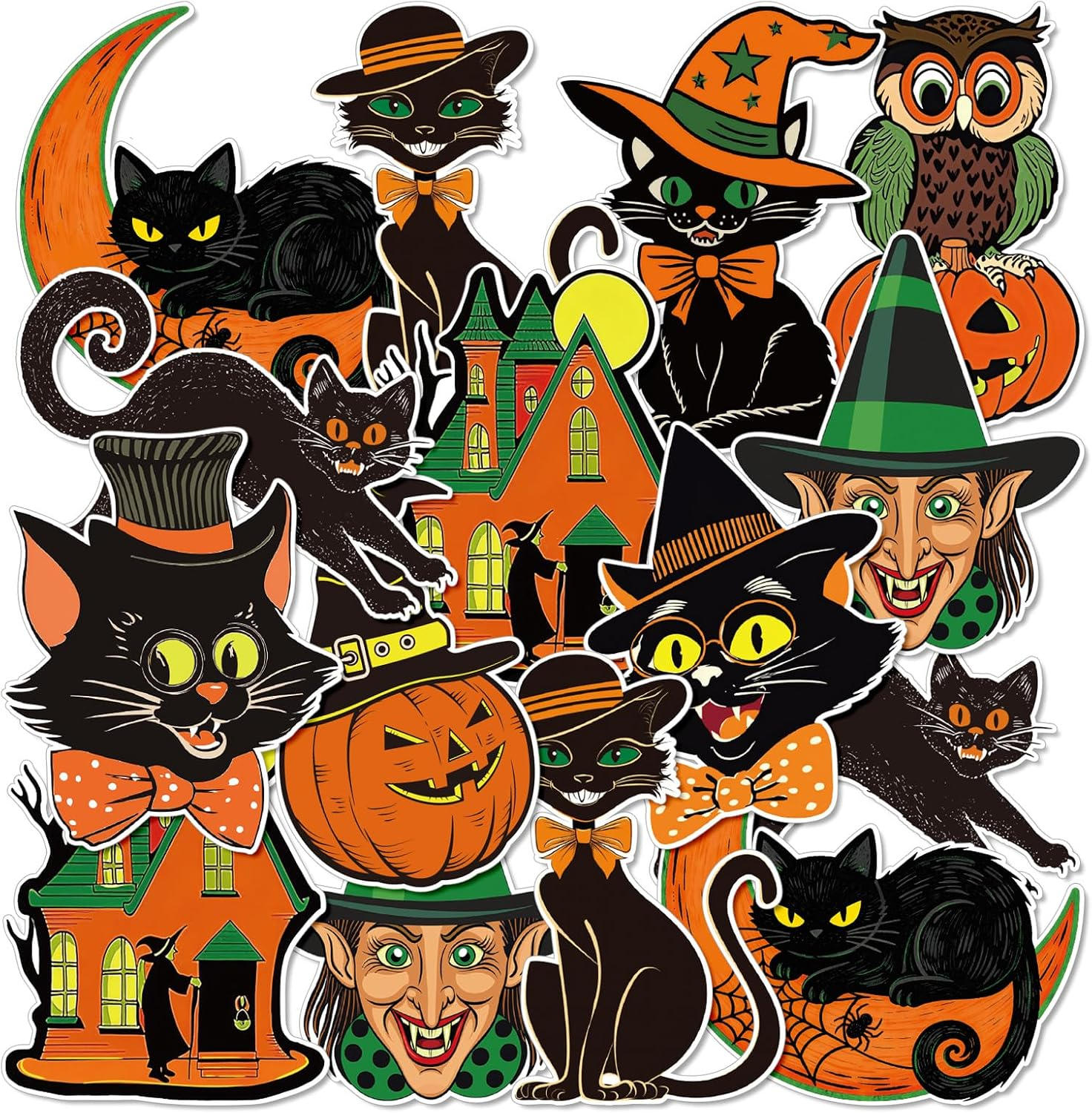 40Pcs Vintage Halloween Cutouts, Retro Pumpkin Witch Cat Owl Assorted Cutouts Orange Black Classic Vintage Halloween Decorations for Trick or Treat Holiday Party Party Decor