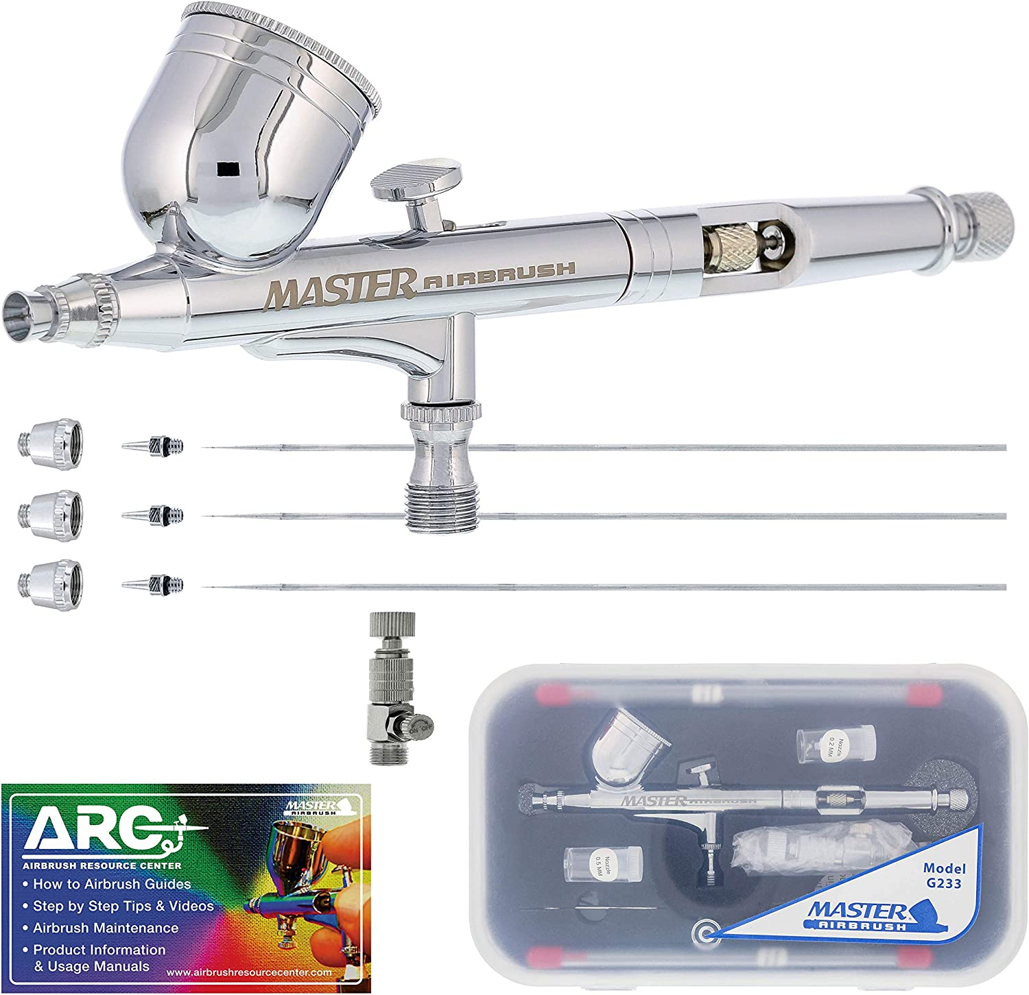 Master Performance G233 Pro Set Master Airbrush Gun with 3 Nozzle Sets (0.2, 0.3 & 0.5Mm Needles, Fluid Tips and Air Caps) - Dual-Action Gravity Feed Airbrush, 1/3 Oz Cup, Cutaway Handle