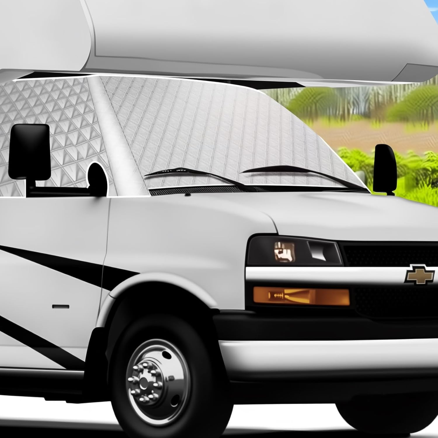 RV Windshield Cover for Chevy 2001-2024 Motorhome, RV Windshield Window Snow Cover for Ice and Snow RV Front Window Sunshade Cover Block UV Ray Heat, RV Accessories with Mirror Cutouts Silver