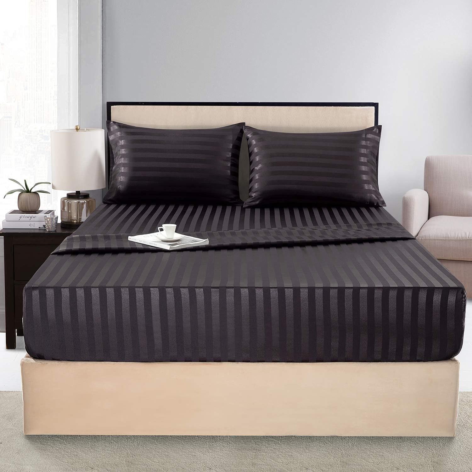 Satin-Silk Sheets King Size Bed Set, Black Soft Cooling Deep Pocket King Sheets, Hypoallergenic, Wrinkle and Fade Resistant Bedding Set, Striped