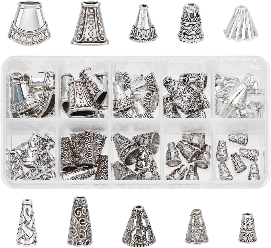 60pcs 10 Styles Cone Bead Caps, Tibetan Style Alloy Flower Bead Caps Spacers Tassel End Cap for Earring Necklaces Keychain Pendants Jewelry DIY Crafts Making, Antique Silver
