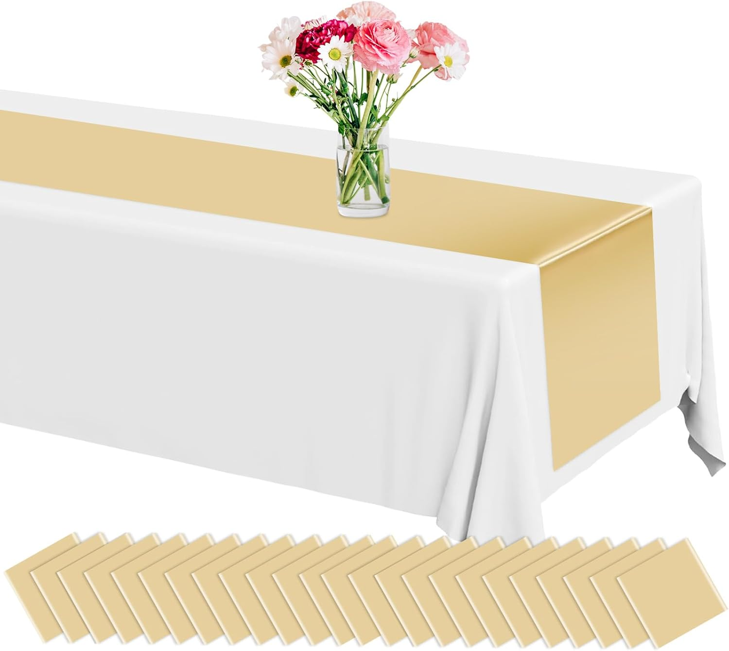 12 Pack Plastic Table Runner 14 X 108 inch Gold Champagne Long Valentines Table Runners Disposable Champagne Gold Table Runner for Dinner Table Decorations for Wedding Graduation Birthday Party Decor