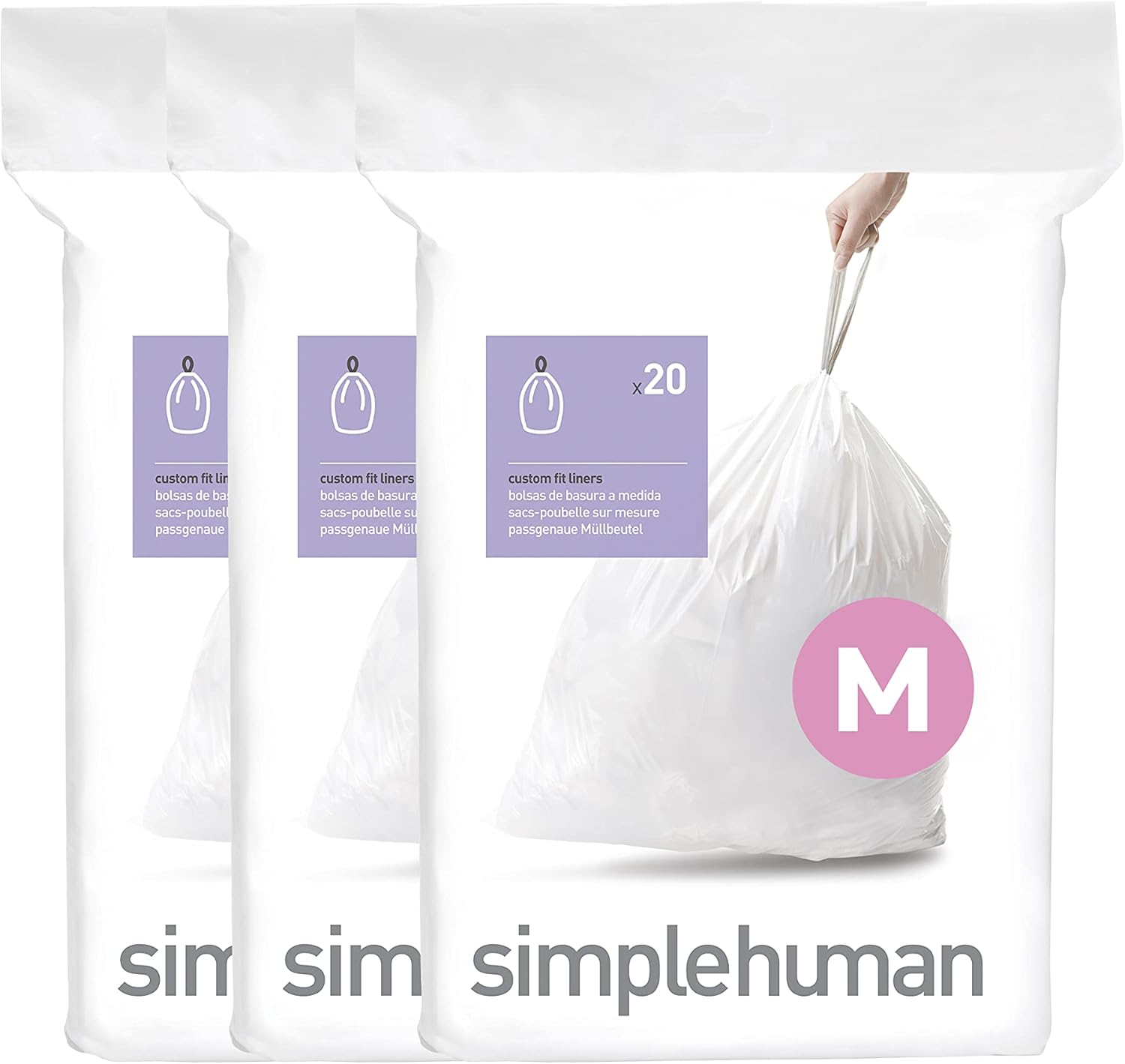 Simplehuman Code M 60 Count Custom Fit Liners, Drawstring Kitchen Trash Bags, One-By-One Mess-Free Dispense, Extra Thick & Double Seamed, 50% PCR Plastic, 40-45 Liter / 11-12 Gallon, White