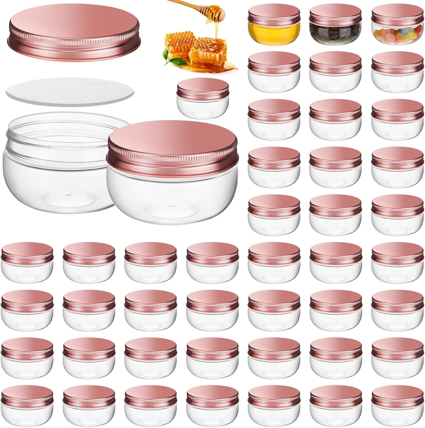 50 Pcs 3 Oz Canning Jars Mini Mason Jars with Lids Clear Small Canning Containers for Wedding Favors DIY Crafts Shower Favors Herb Jelly,Jams,Spice,For Kitchen Storage(Rose Gold)