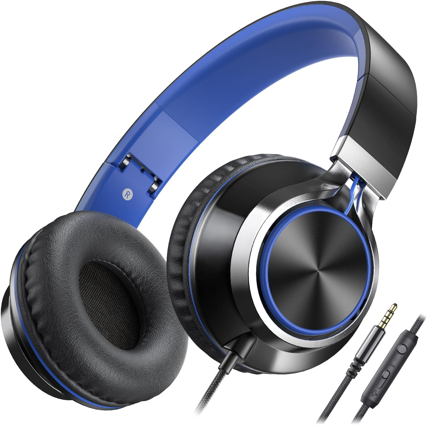 AILIHEN C8 Headphones Wired, On-Ear Kids Headphones with Microphone and Volume Control Foldable Corded Stereo 3.5Mm Headset for School Teens Smartphones Chromebook Laptop Tablets Travel (Black Blue)