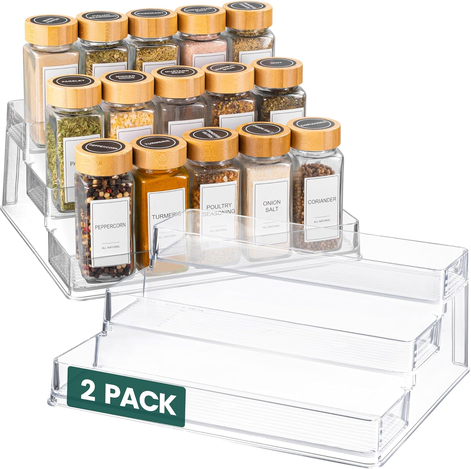 Clear Spice Rack (2-Pack) – 3-Tier Acrylic Organizer for Cabinet – Deep Spice Shelf – 10.4 X 9.6 X 4 Inches – Holds Seasoning and Condiments