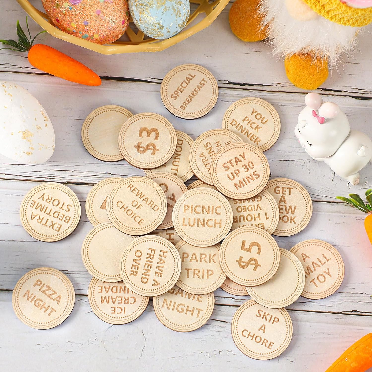 CypherX Easter Egg Fillers- Wooden Easter Reward Tokens, Easter Prizes Stuffers Coins, Family Night Tokens, 24 Redeemable Tokens+6 Blank DIY Tokens, Unique Family Easter Egg Hunt Activities- Coin