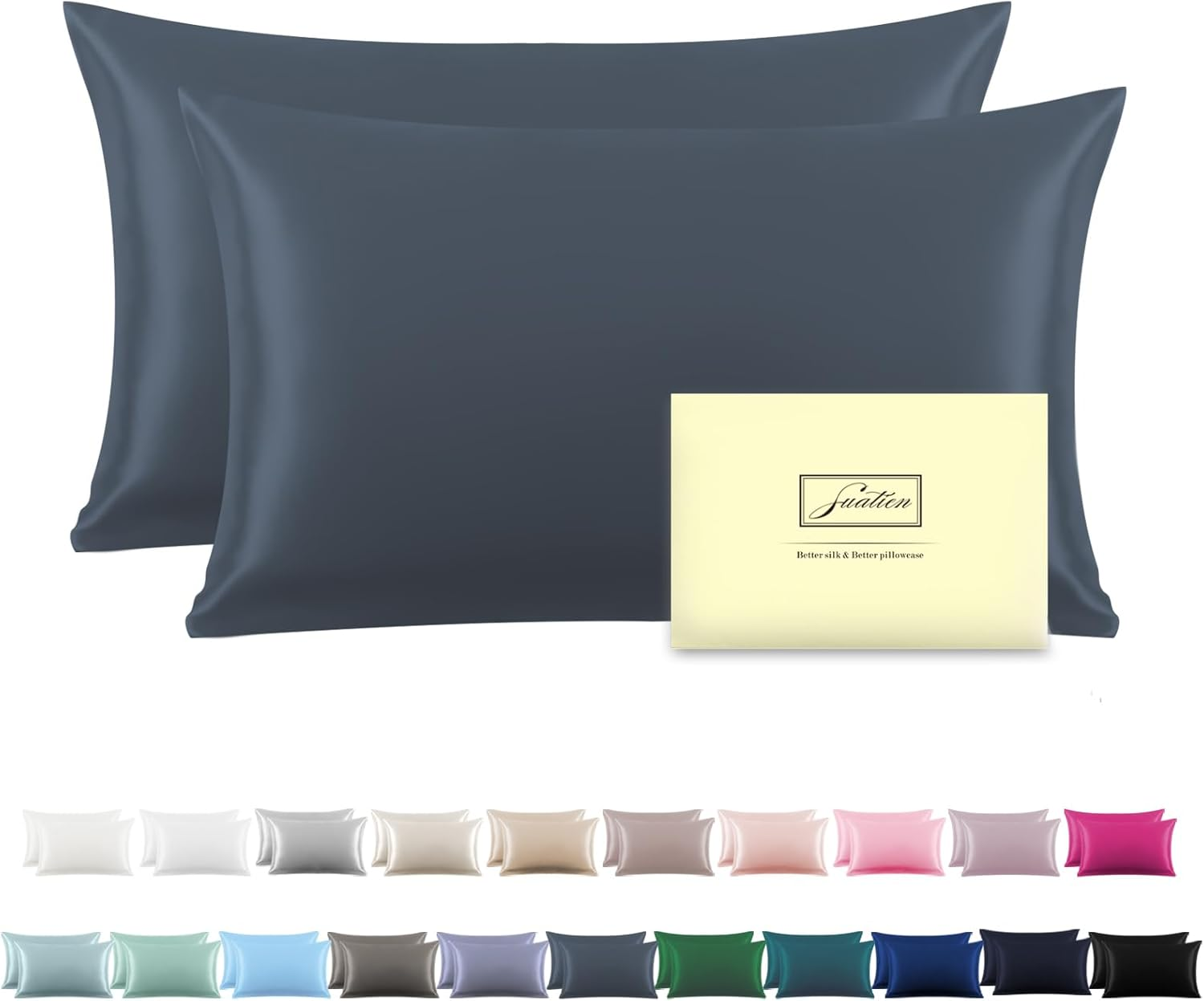 Silk Pillow Cases 2 Pack Soft Breathable and Sliky Standard Size Pillow Cases Set of 2,Natural Mulberry Satin Silk Pillowcase with Hidden Zipper for Hair and Skin (Space Grey,20