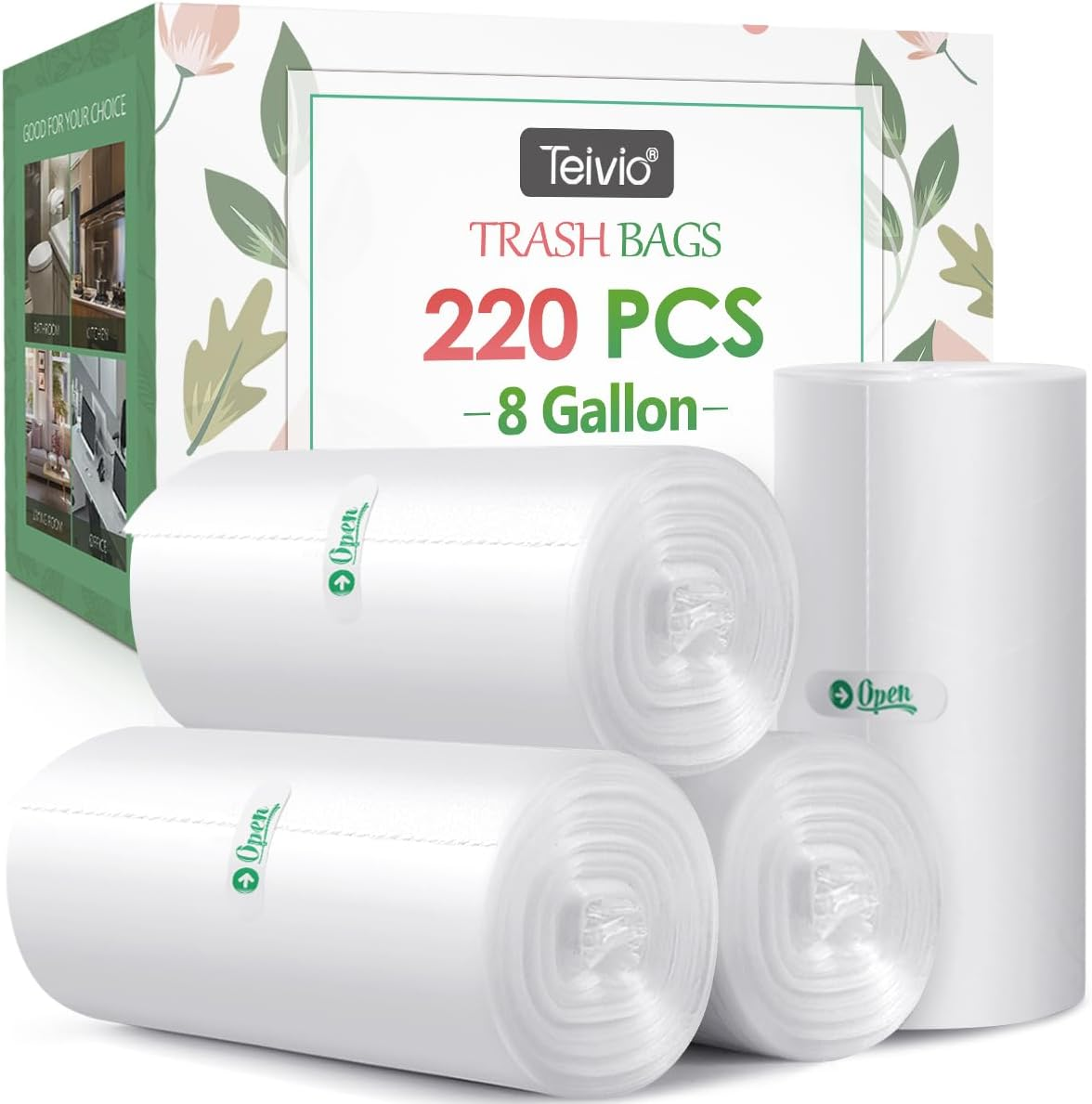 8 Gallon 220 Counts Unscented Medium Trash Bags,Fit 7,8,9,10 Gal Garbage Bags by , 30 Liter Thick Bathroom Can Bin Liners,Plastic Bags for Home Office Kitchen, Clear