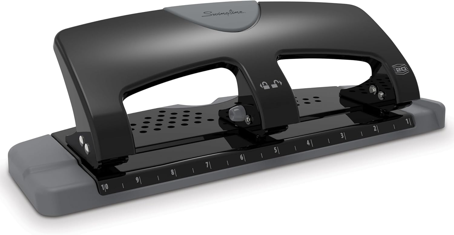3 Hole Punch, 20 Sheet Capacity Three Hole Puncher 3 Ring, Paper Punch, Smarttouch Low Effort, Black & Silver (74133)