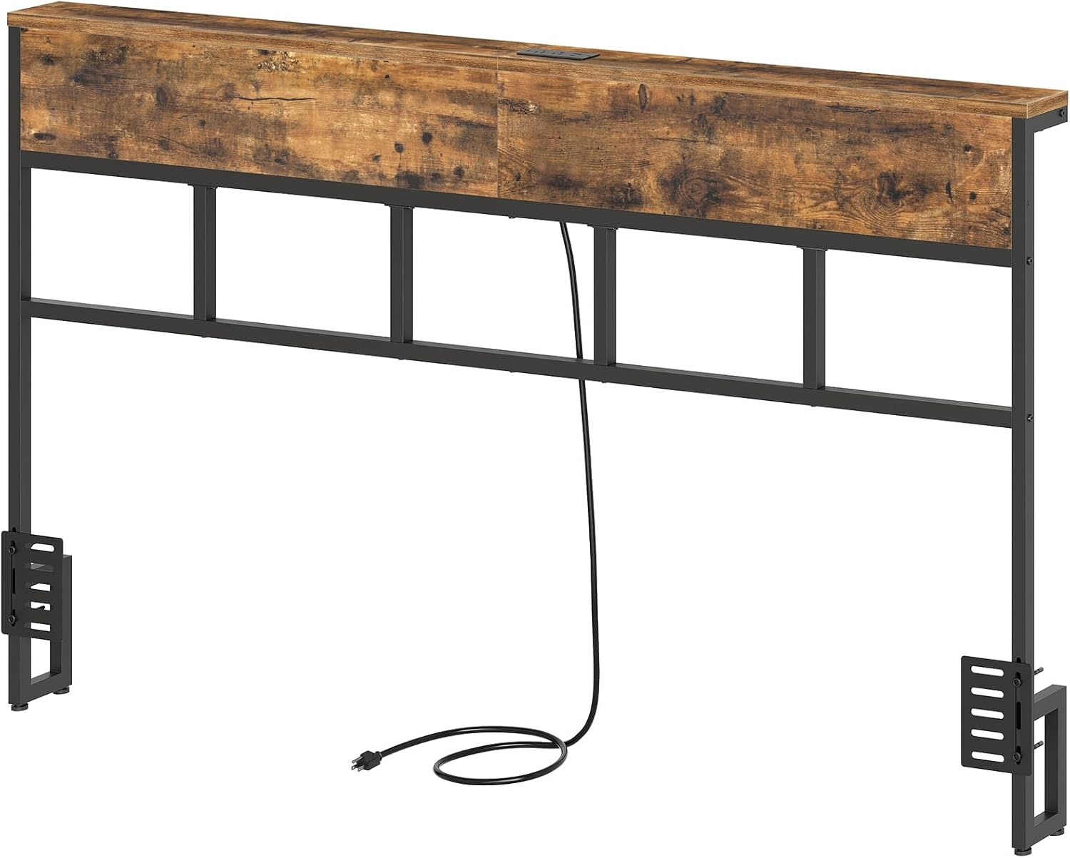 King Size Headboard Only, King Headboard with Outlets, USB and Type C Port, Industrial Wooden with Storage, Adjustable Height, Sturdy and Stable, Rustic Brown